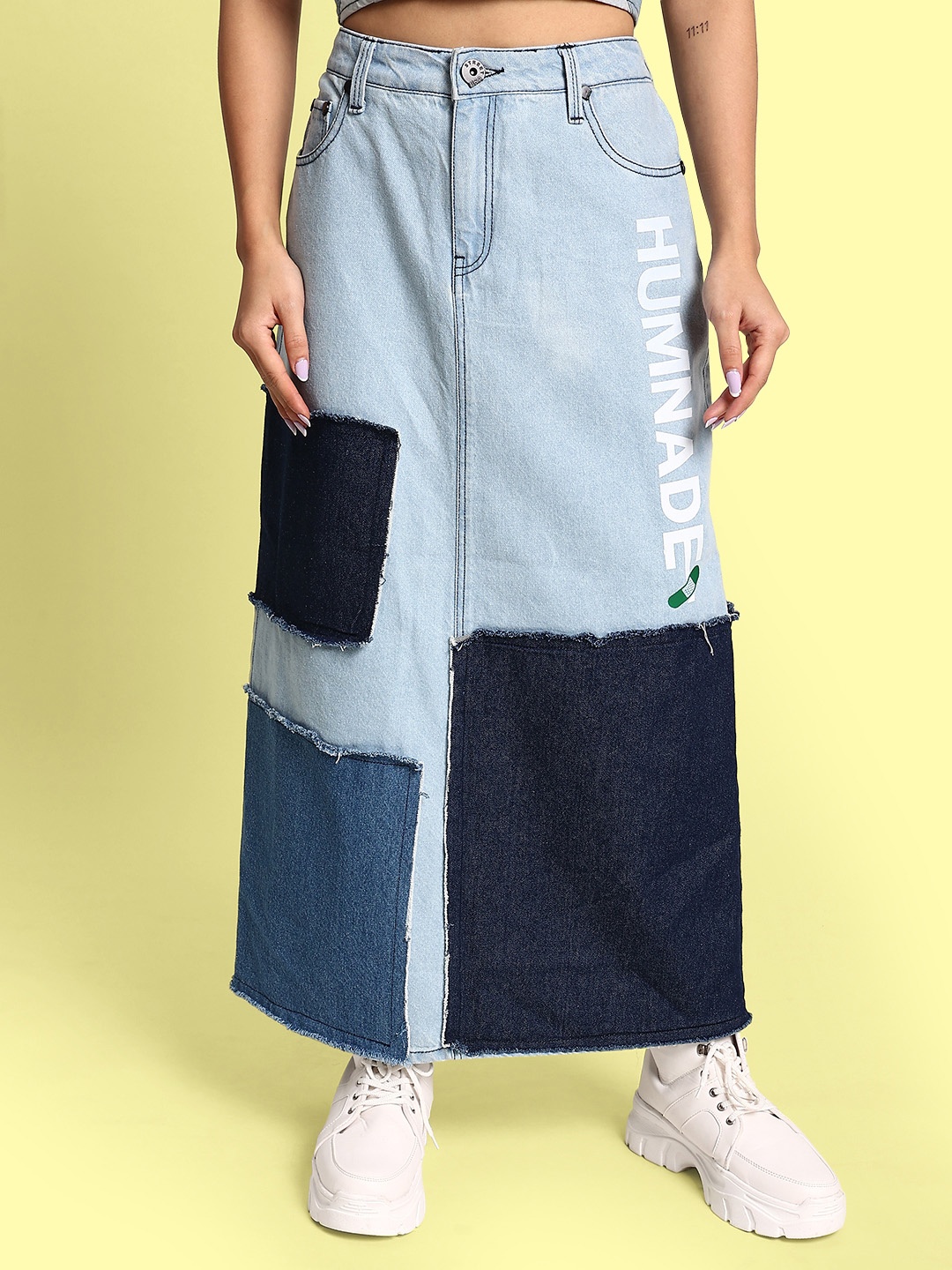 

URA STREET Patch Worked Pure Cotton Denim Maxi Skirt, Blue
