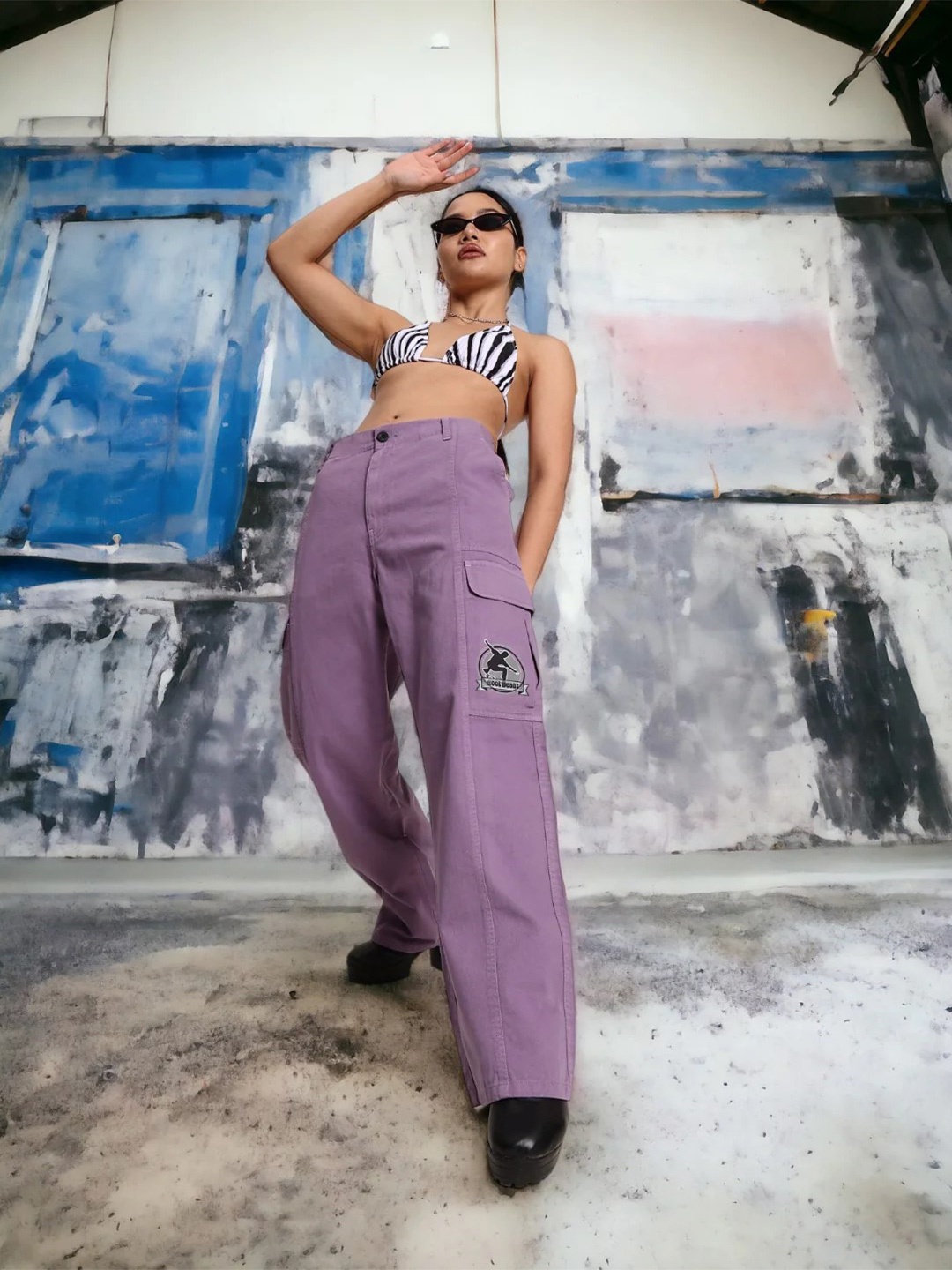 

URA STREET Women Classic Straight Fit High-Rise Cargos Trousers, Purple