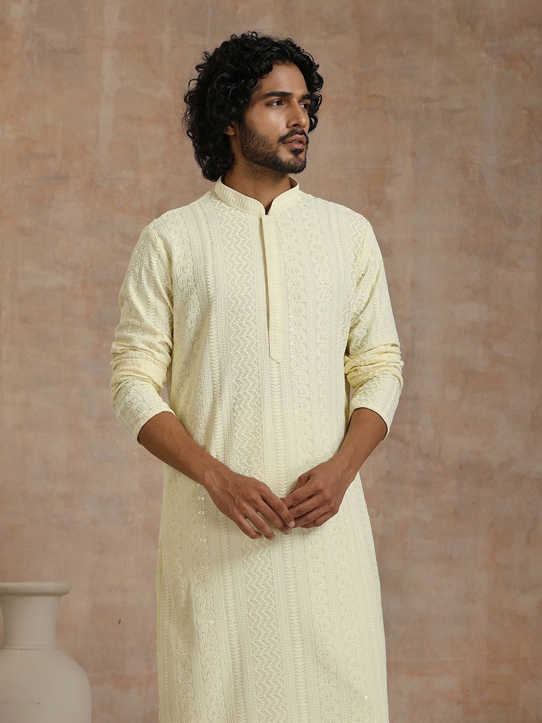 

House of Chikankari Embroidered Woven Kurta, Cream