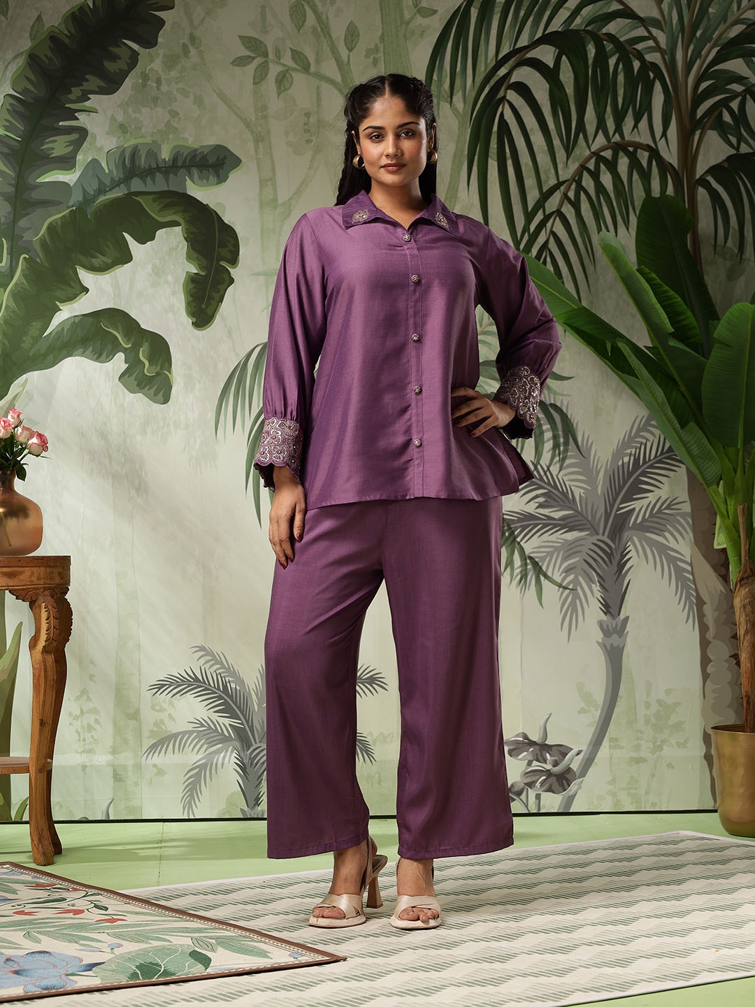 

Bani Women Embellished Puff Sleeve Shirt With Trousers, Purple