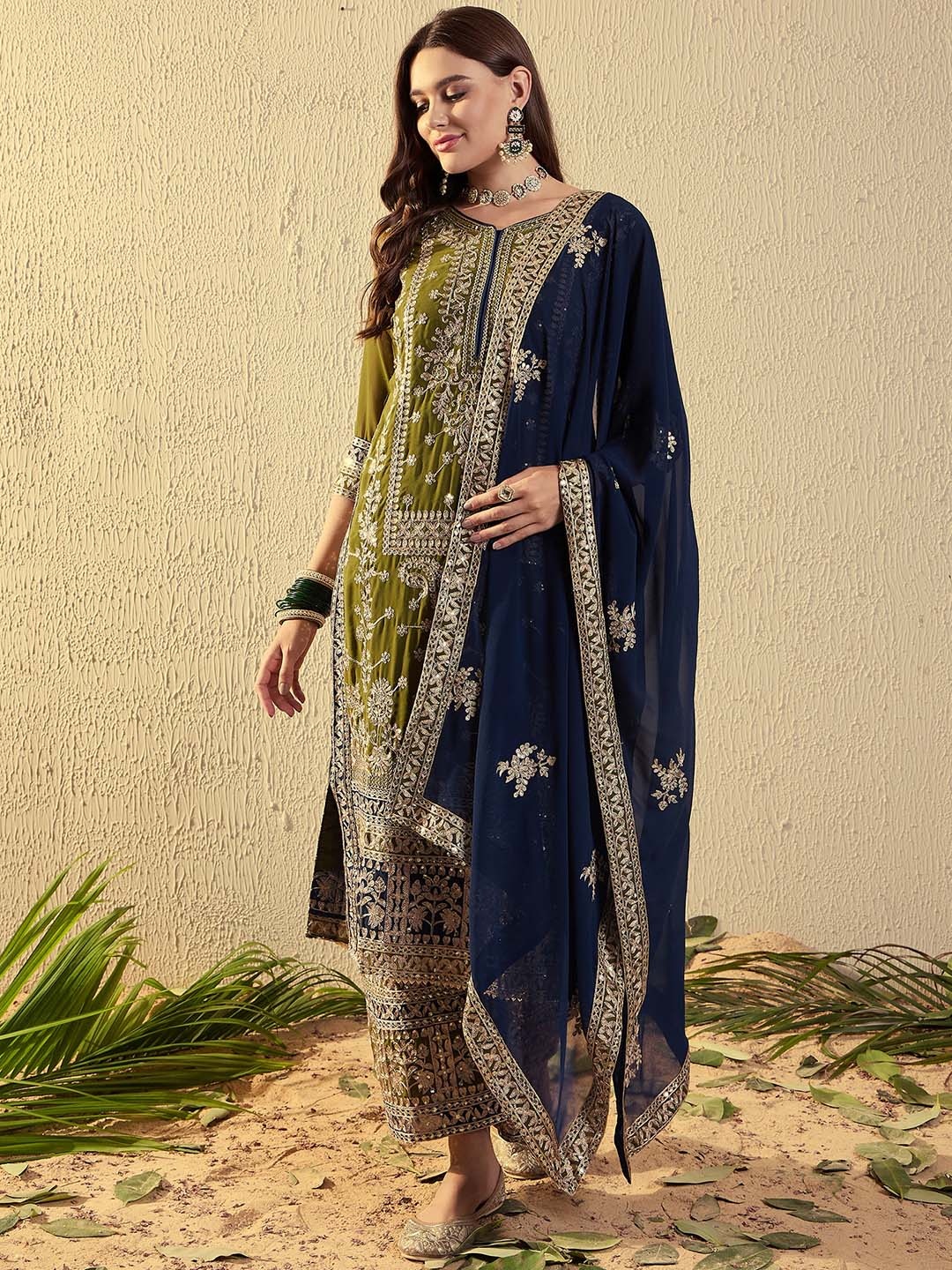 

SERONA FABRICS Floral Embroidered Regular Sequinned Georgette Kurta With Palazzo & Dupatta, Olive