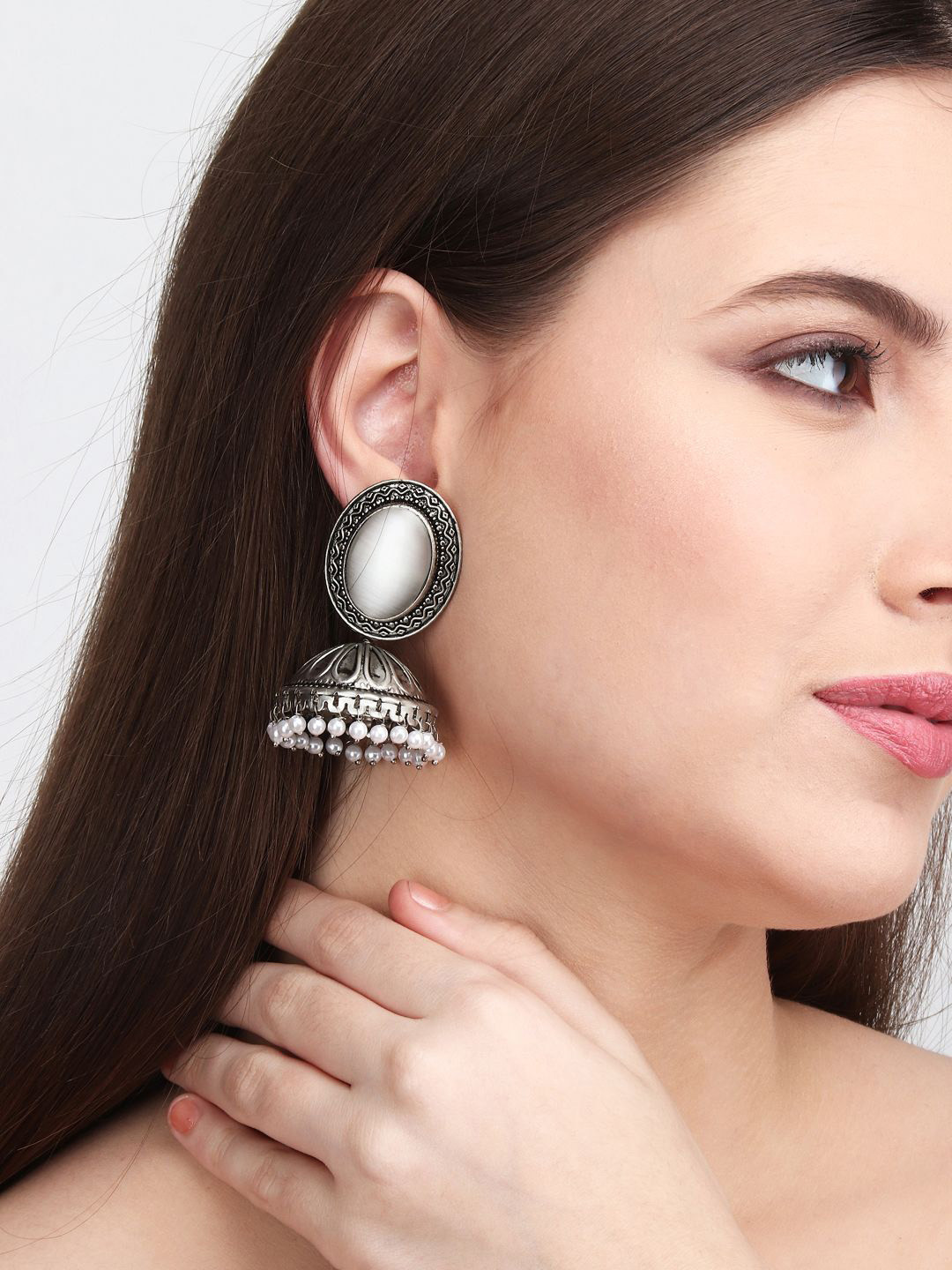 

Anvik Silver Plated Contemporary Oxidised Jhumkas