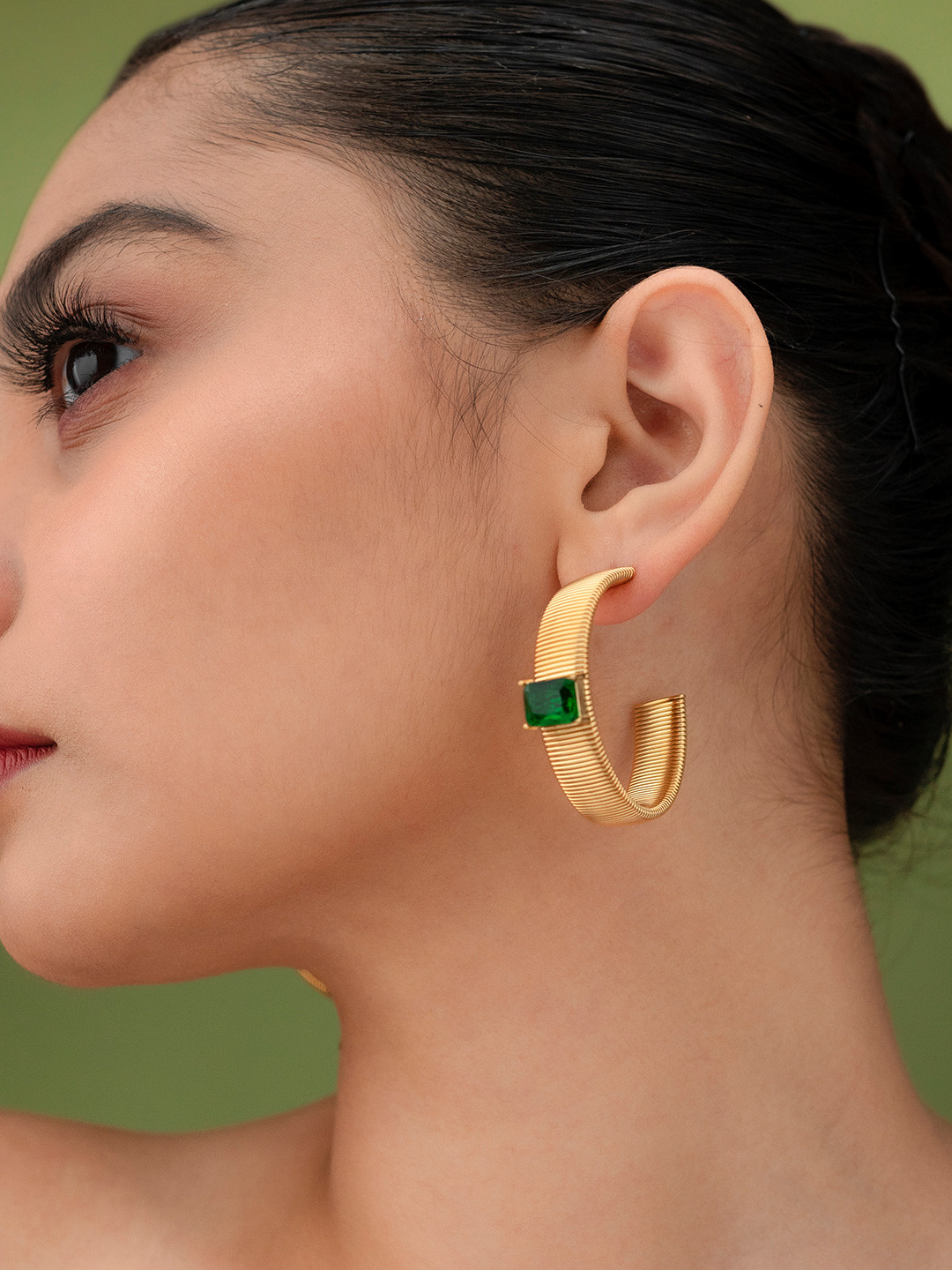 

Don't Call Me Princess Gold Plated Contemporary Faux Emerald Studded Half Hoop Earrings