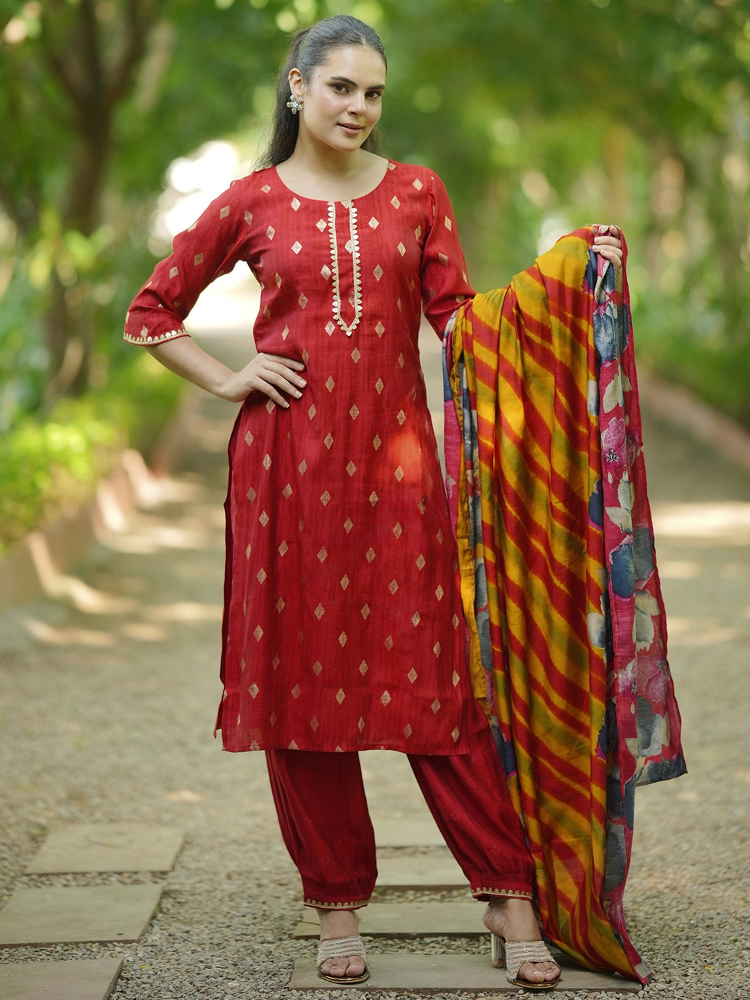 

Libas Woven Design Straight Kurta with Salwar & With Dupatta, Red