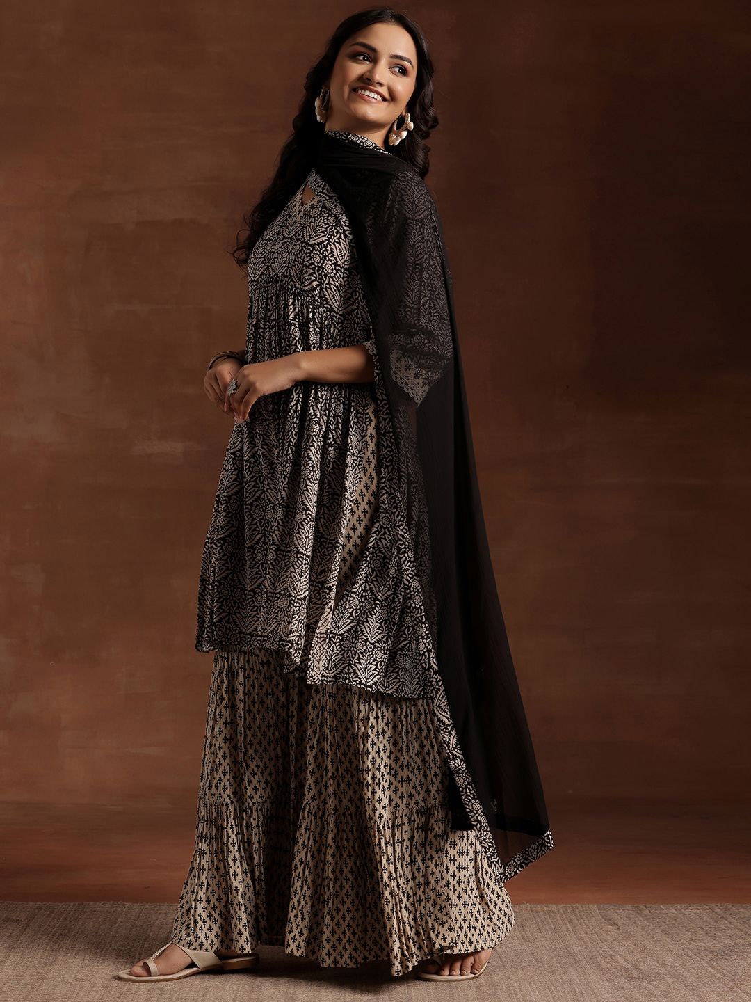 

Libas Floral Printed Pleated Pure Cotton A-Line Kurta With Sharara & Dupatta, Black