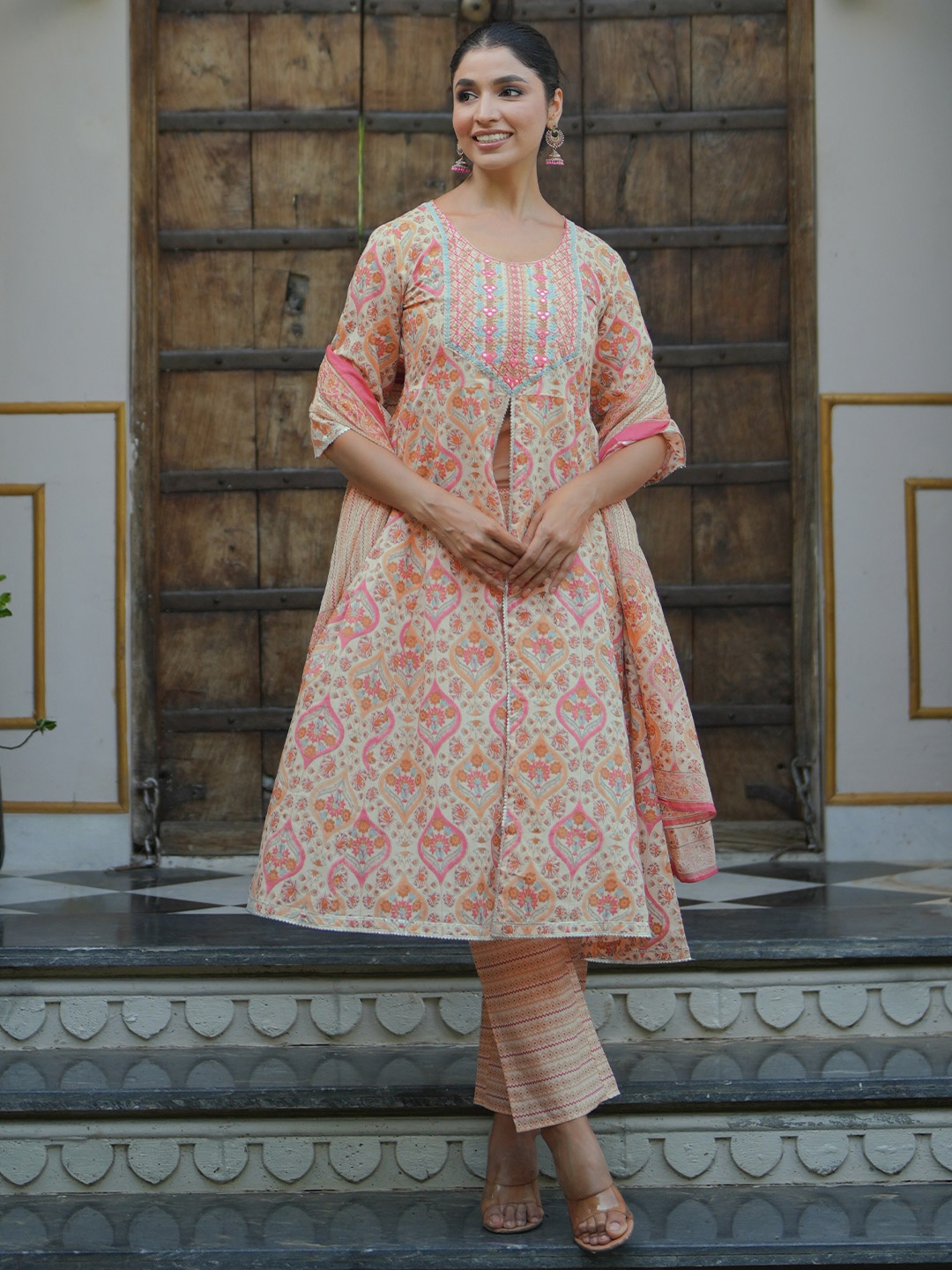 

Libas Printed Panelled Gotta Patti Pure Cotton Anarkali Kurta with Palazzos & Dupatta, Beige