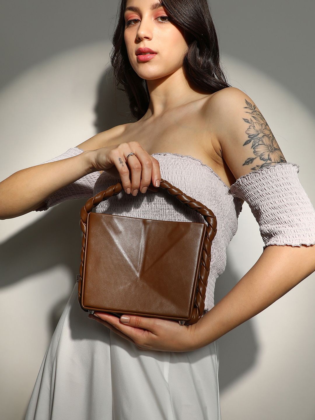 

HAUTE SAUCE by Campus Sutra Leather Structured Sling Bag with Applique, Brown