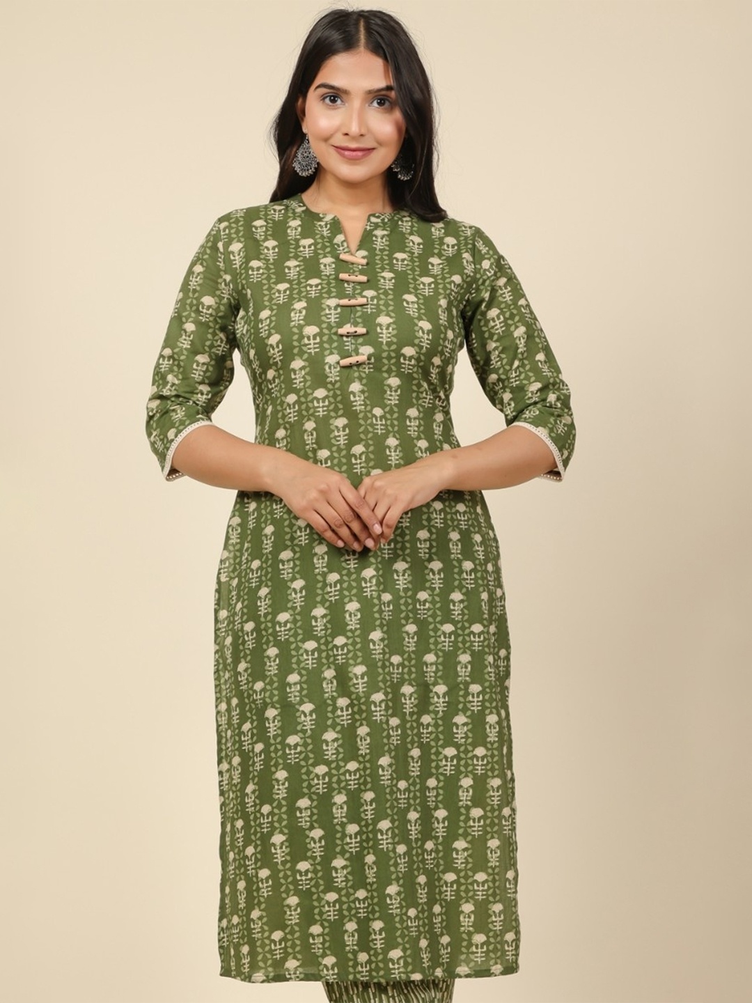 

Aramya Ethnic Motifs Printed Mandarin Collar Cotton Straight Kurta, Green