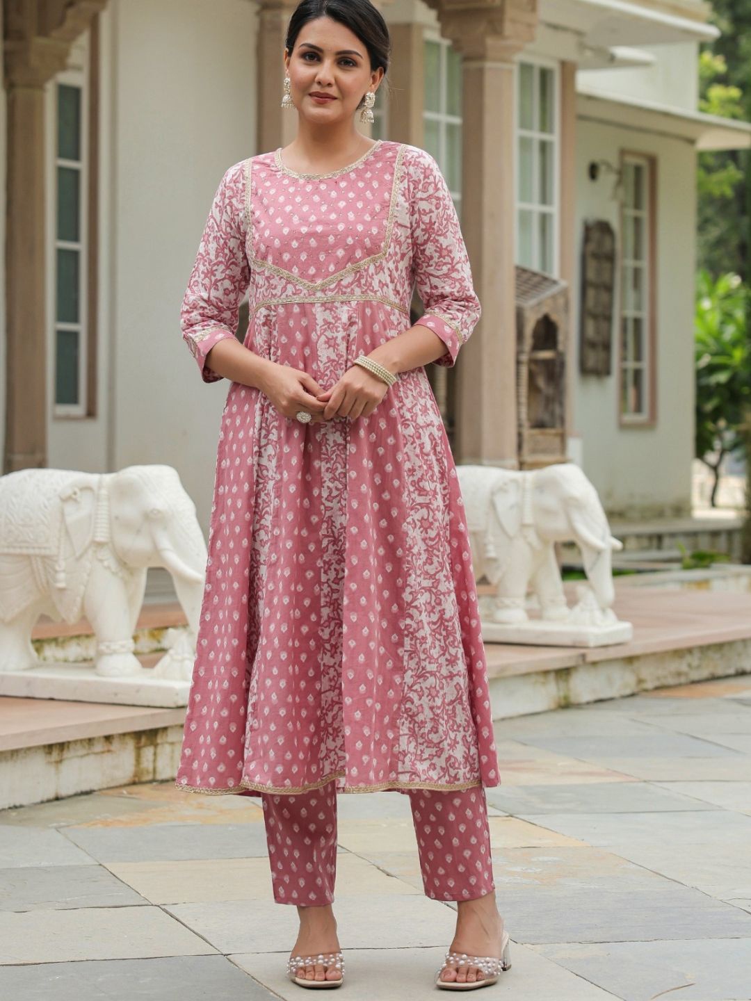 

Aramya Cotton Block Anarkali Kurta, Pink