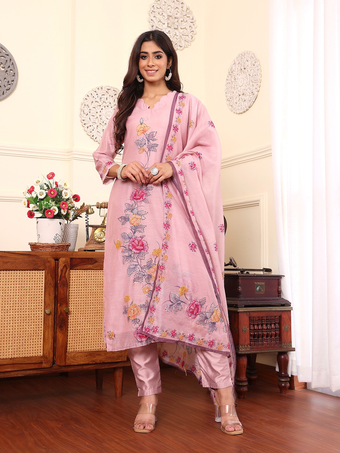 

Varanga Floral Printed Kantha Work Chanderi Silk Straight Kurta With Trouser & Dupatta, Pink