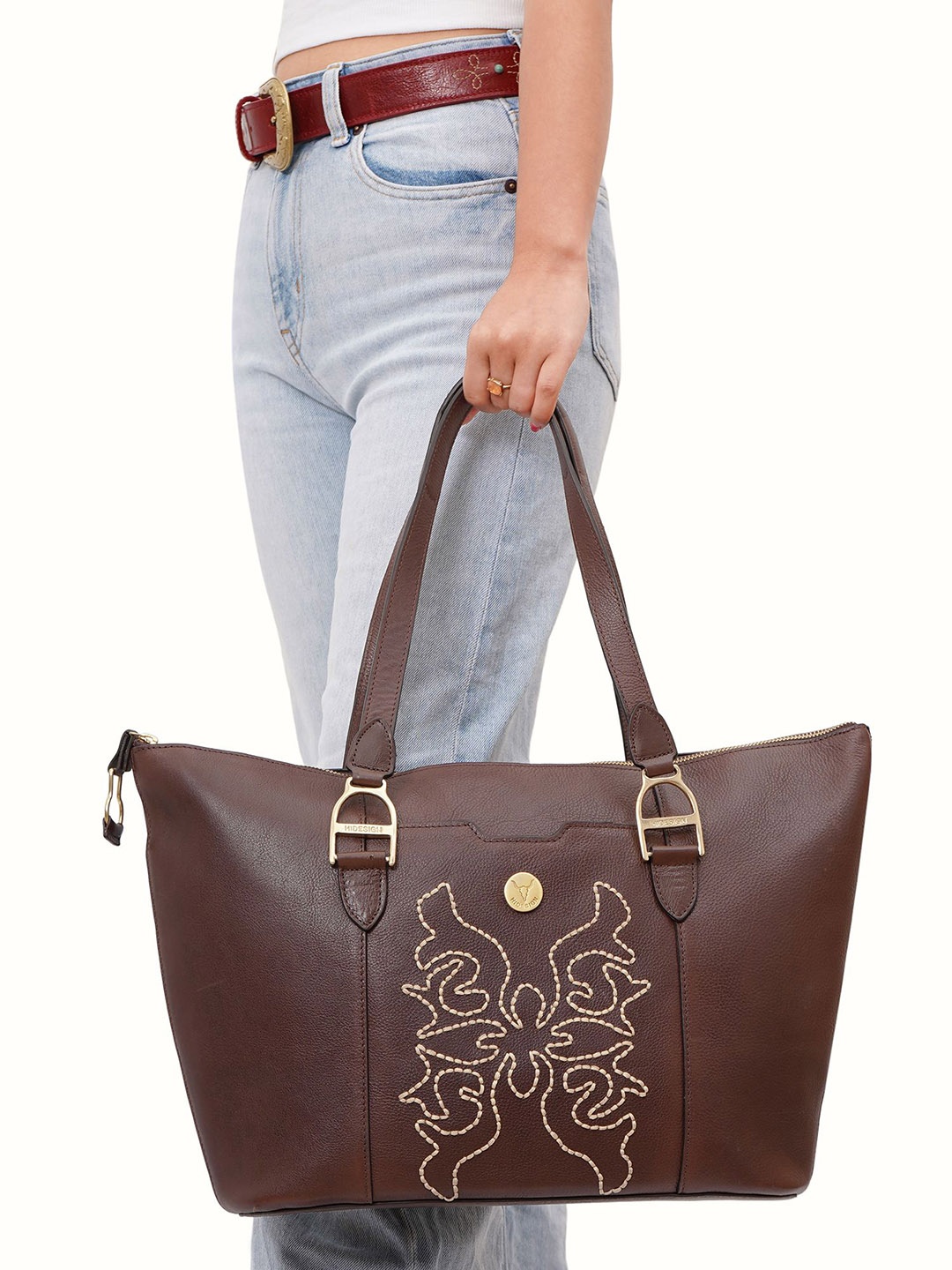 

Hidesign Leather Shopper Shoulder Bag with Cut Work, Brown