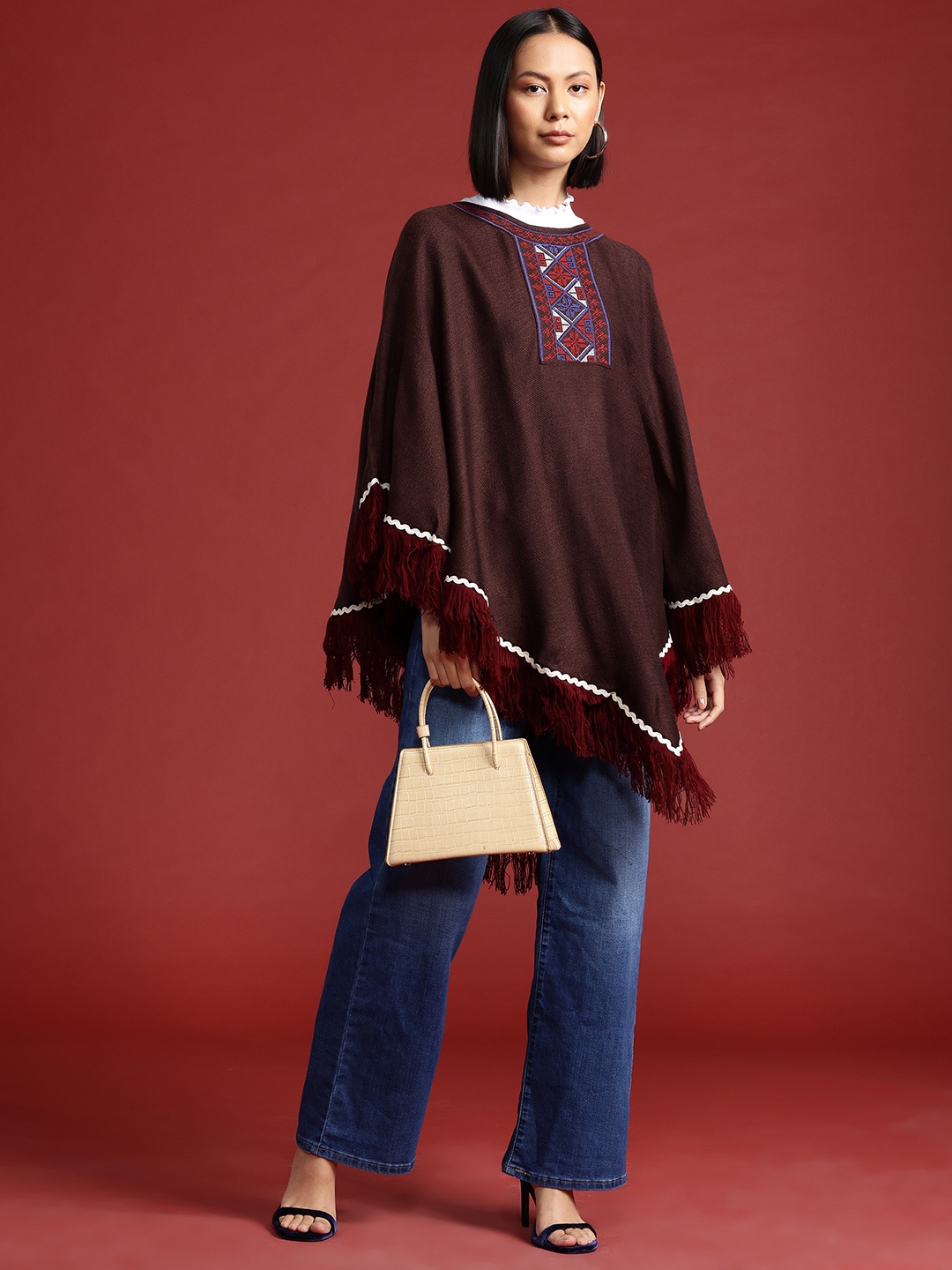 

all about you Longline Poncho with Fringed Detail, Maroon