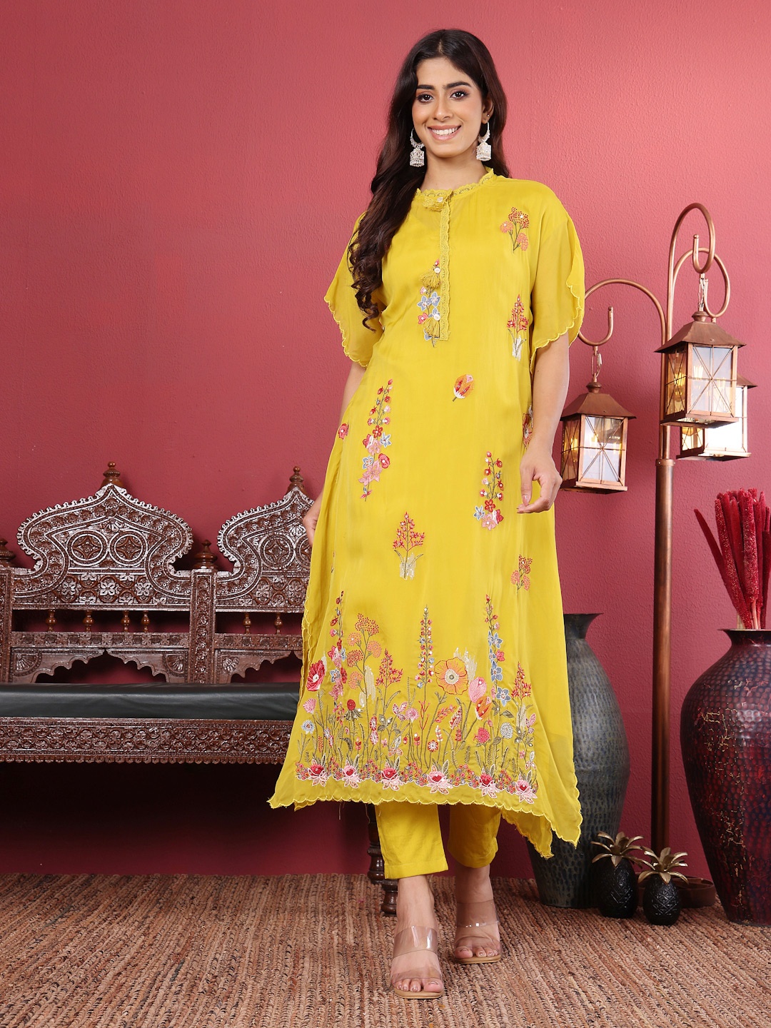 

Varanga Yellow Floral Embroidered Mandarin Collar Thread Work Kaftan Kurta with Trousers