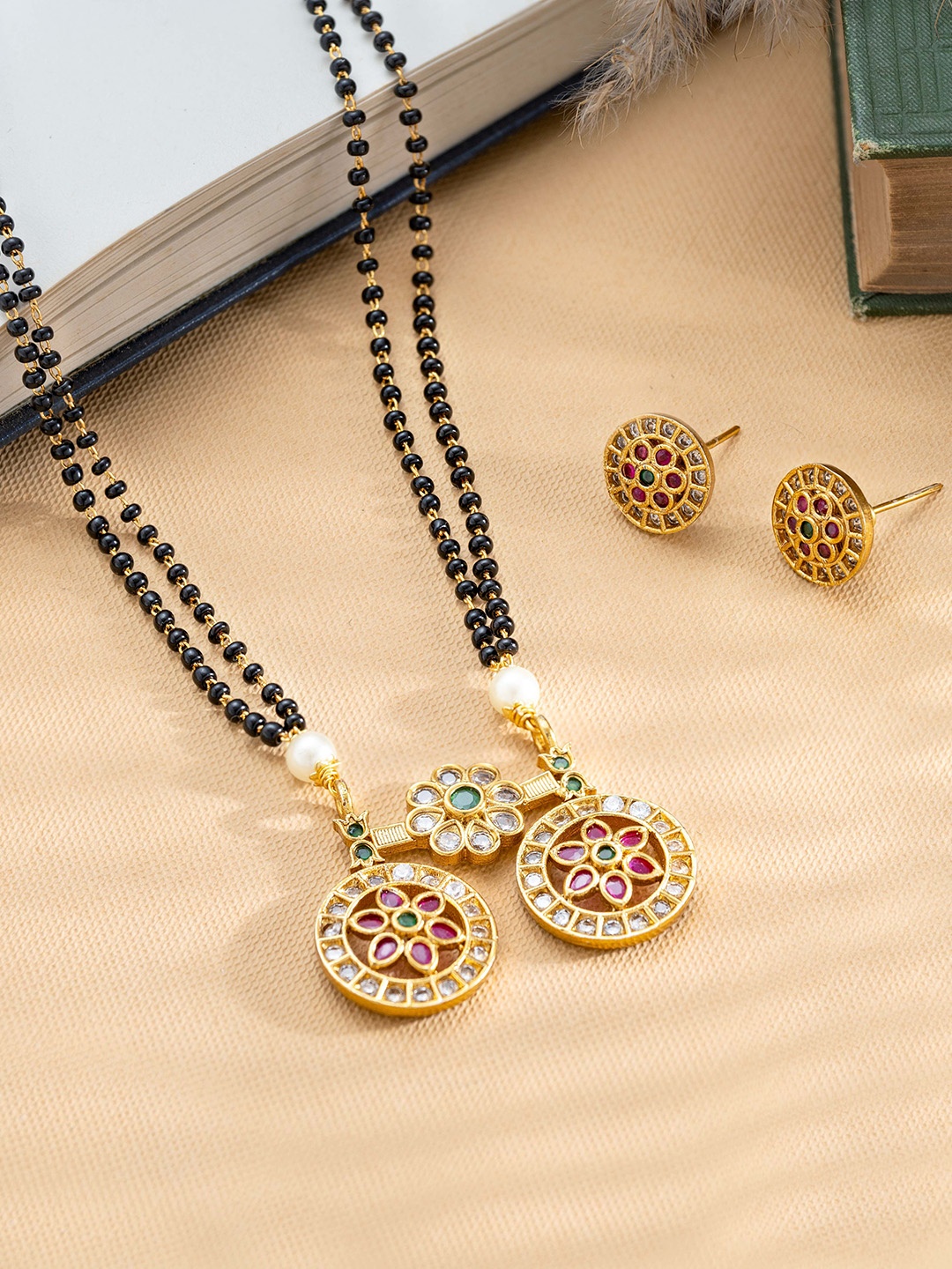 

Vriksham Gold-Plated Stones Studded & Beads Mangalsutra With Earrings