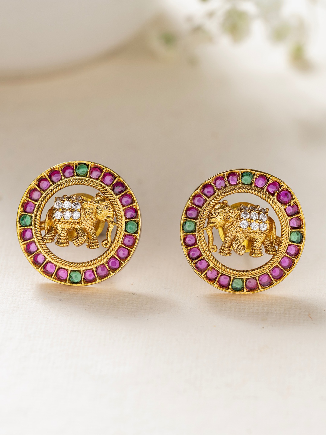 

Vriksham Gold Plated Stone Studded Round With Elephant Studs