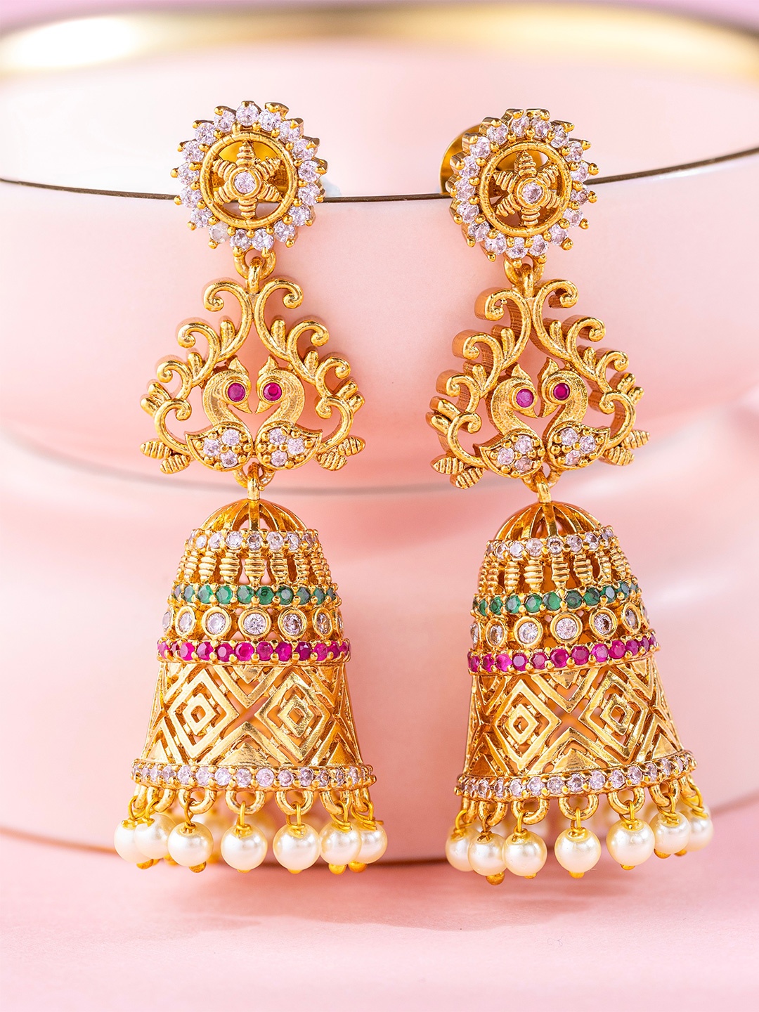 

Vriksham Gold Plated Dome Shaped Stone Studded Jhumkas