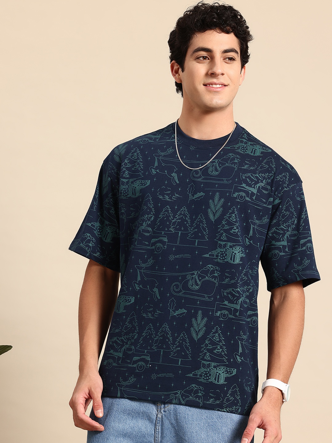 

Mast & Harbour Men Printed Drop-Shoulder Sleeves T-shirt, Navy blue