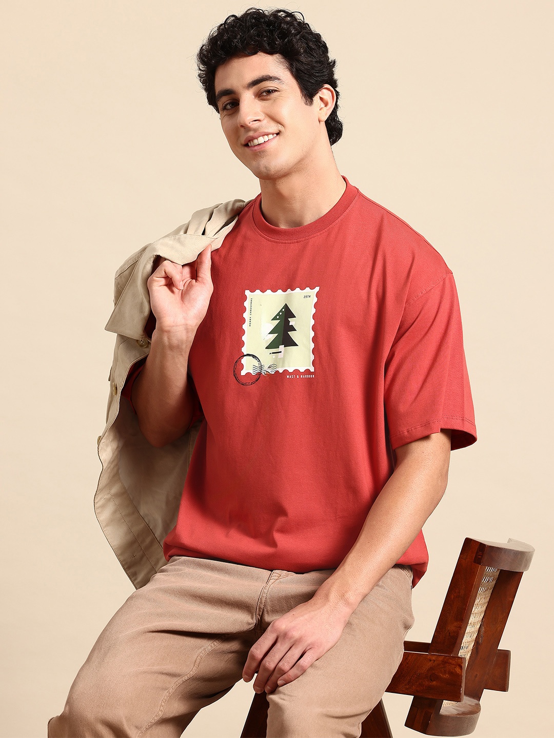 

Mast & Harbour Printed Drop-Shoulder Sleeves Casual Tshirt, Brown