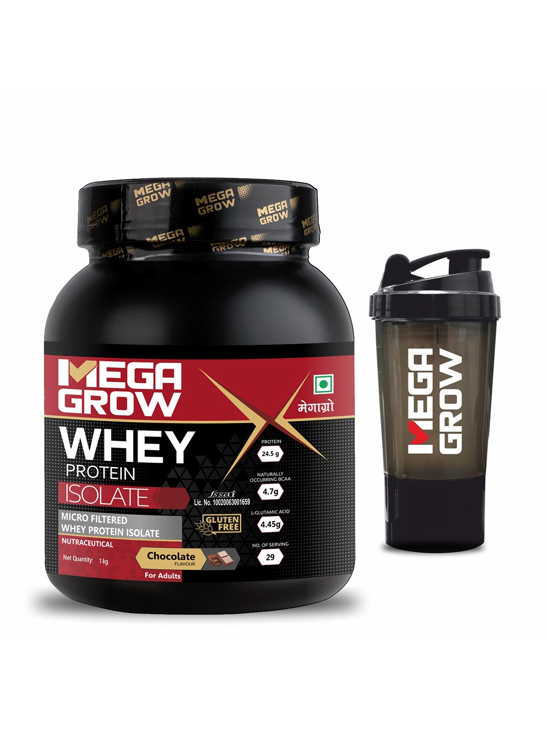 

Megagrow Whey Protein Isolate with Shaker- Chocolate Flavour - 1Kg, Black