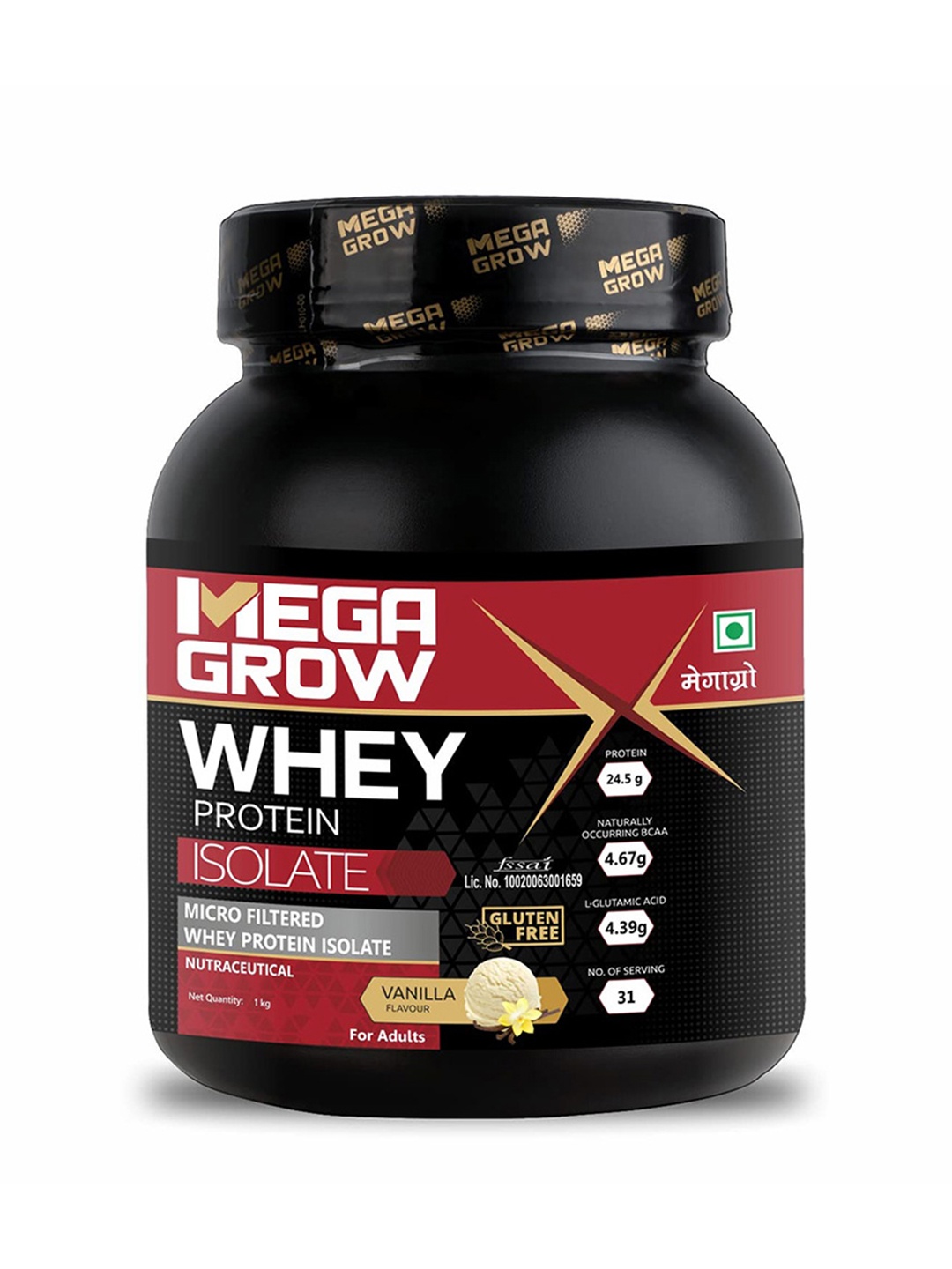 

Megagrow Whey Protein Isolate - Vanilla Flavour - 1Kg, Black