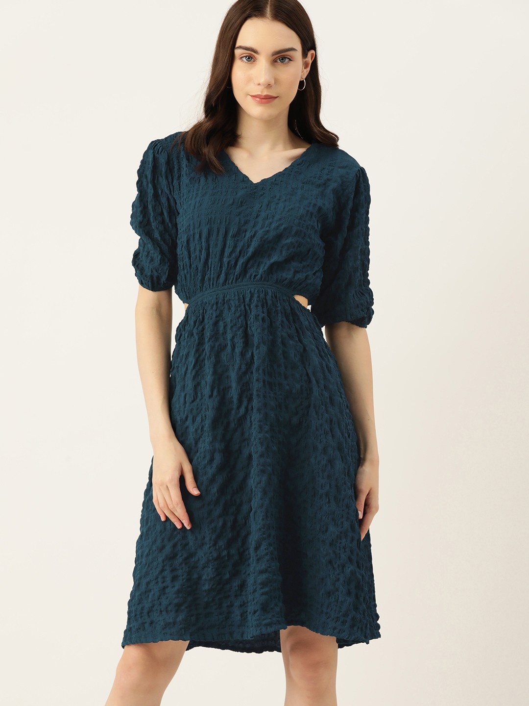 

DressBerry Puff Sleeve Fit & Flare Cut Out Dress, Teal
