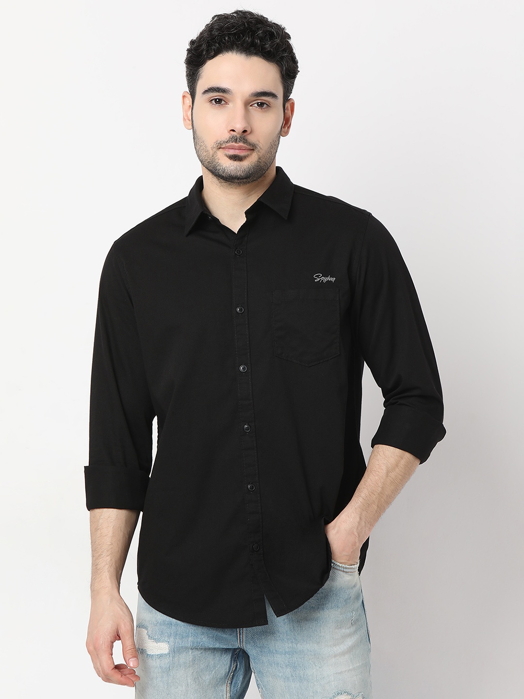 

SPYKAR Slim Fit Opaque Pure Cotton Casual Shirt, Black