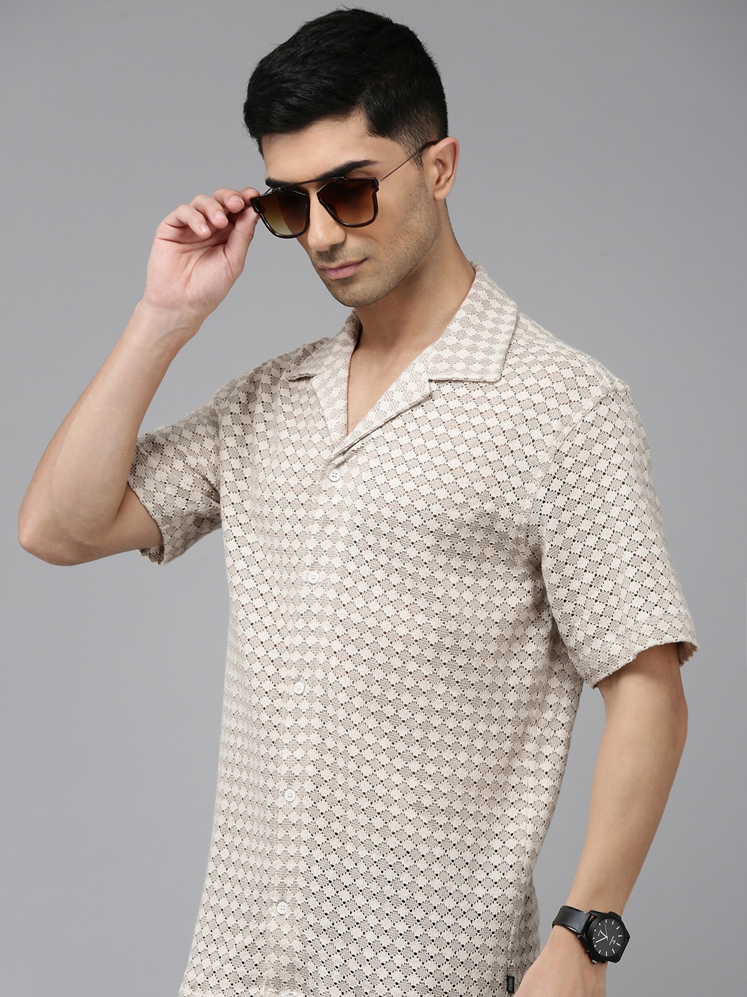 

SPYKAR Seersucker Cuban Collar Relaxed Fit Shirt, Taupe