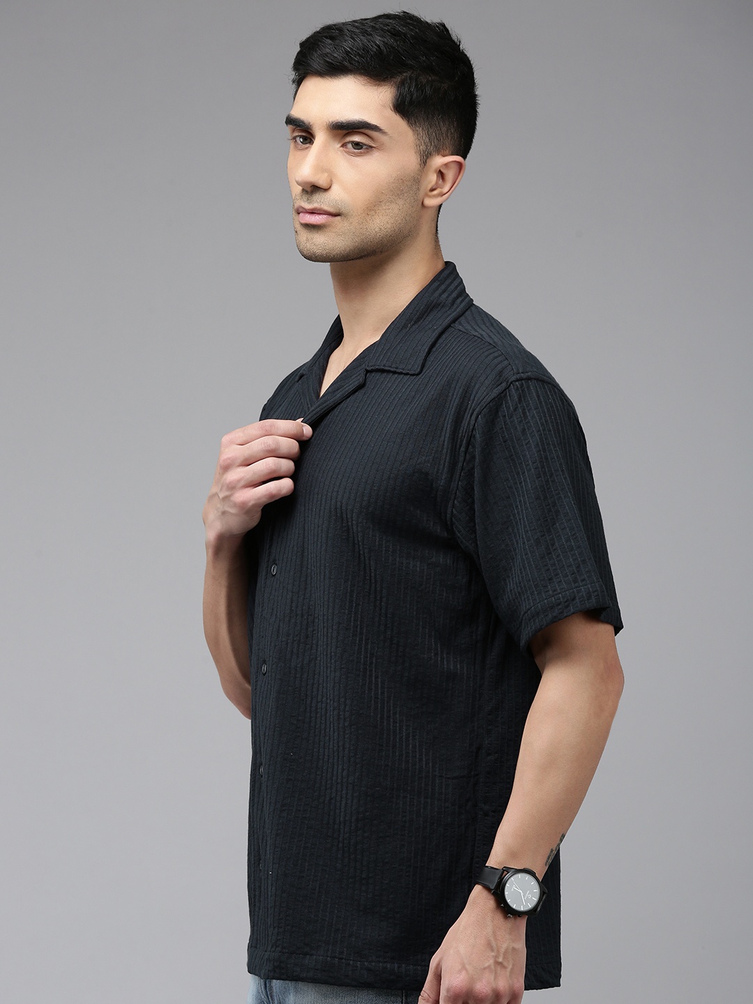 

SPYKAR Striped Cuban Collar Relaxed Fit Shirt, Navy blue