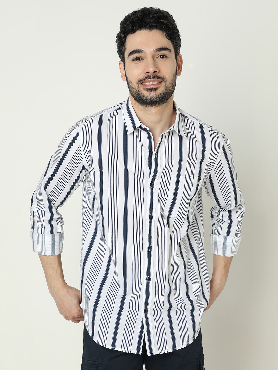 

SPYKAR Pure Cotton Slim Fit Opaque Striped Casual Shirt, White