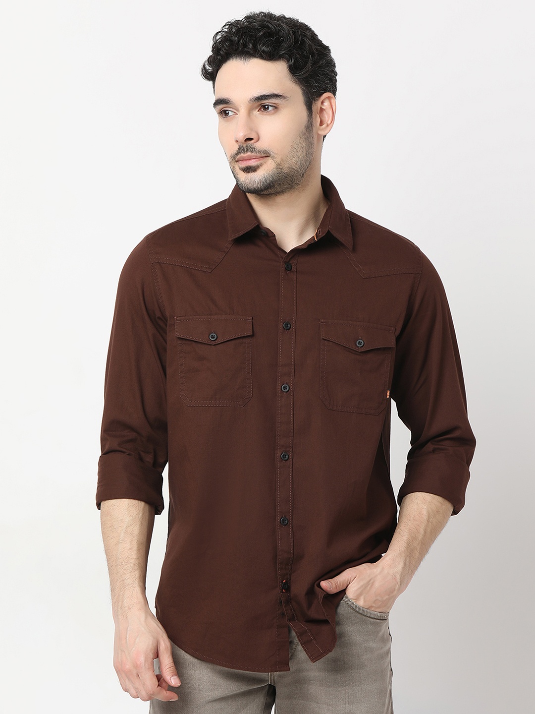 

SPYKAR Pure Cotton Slim Fit Opaque Casual Shirt, Brown