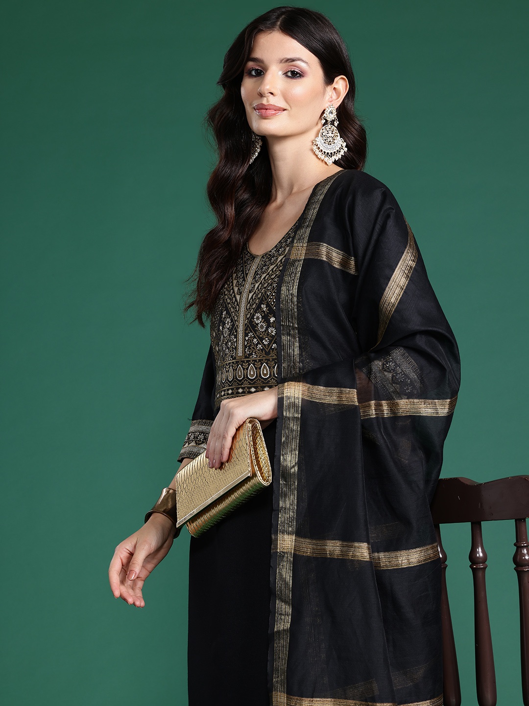 

Indo Era Yoke Design Kurta With Palazzos & Dupatta, Black