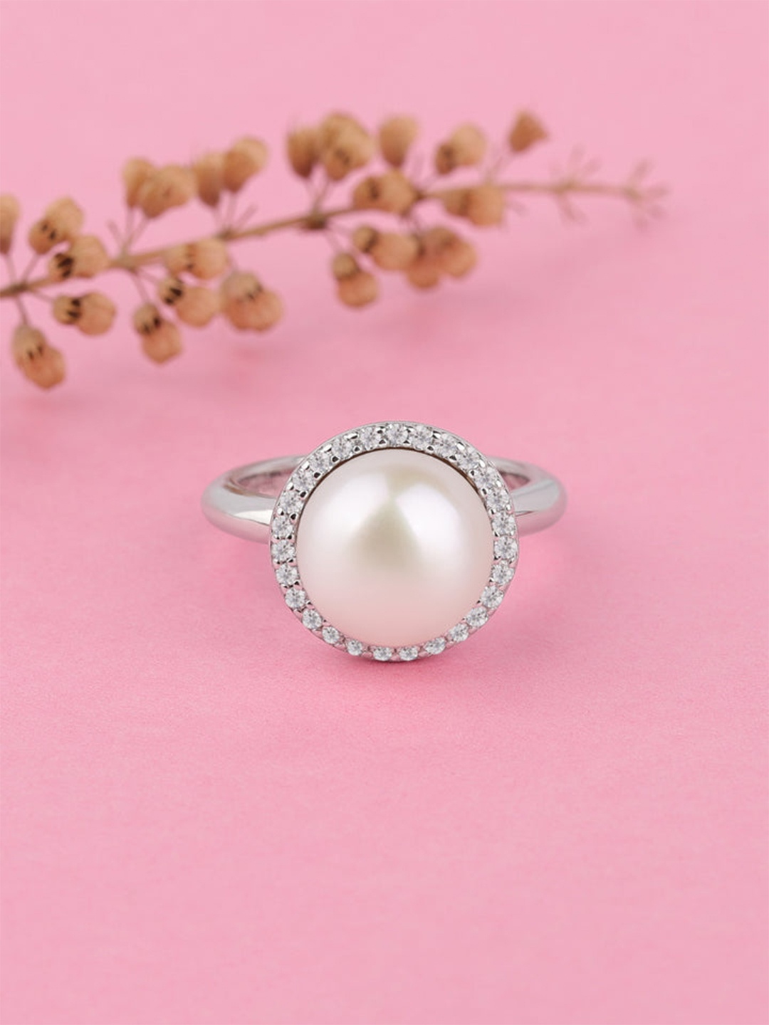 

Ornate Jewels Women 925 Sterling Silver Freshwater Pearl and American Diamond Halo Ring