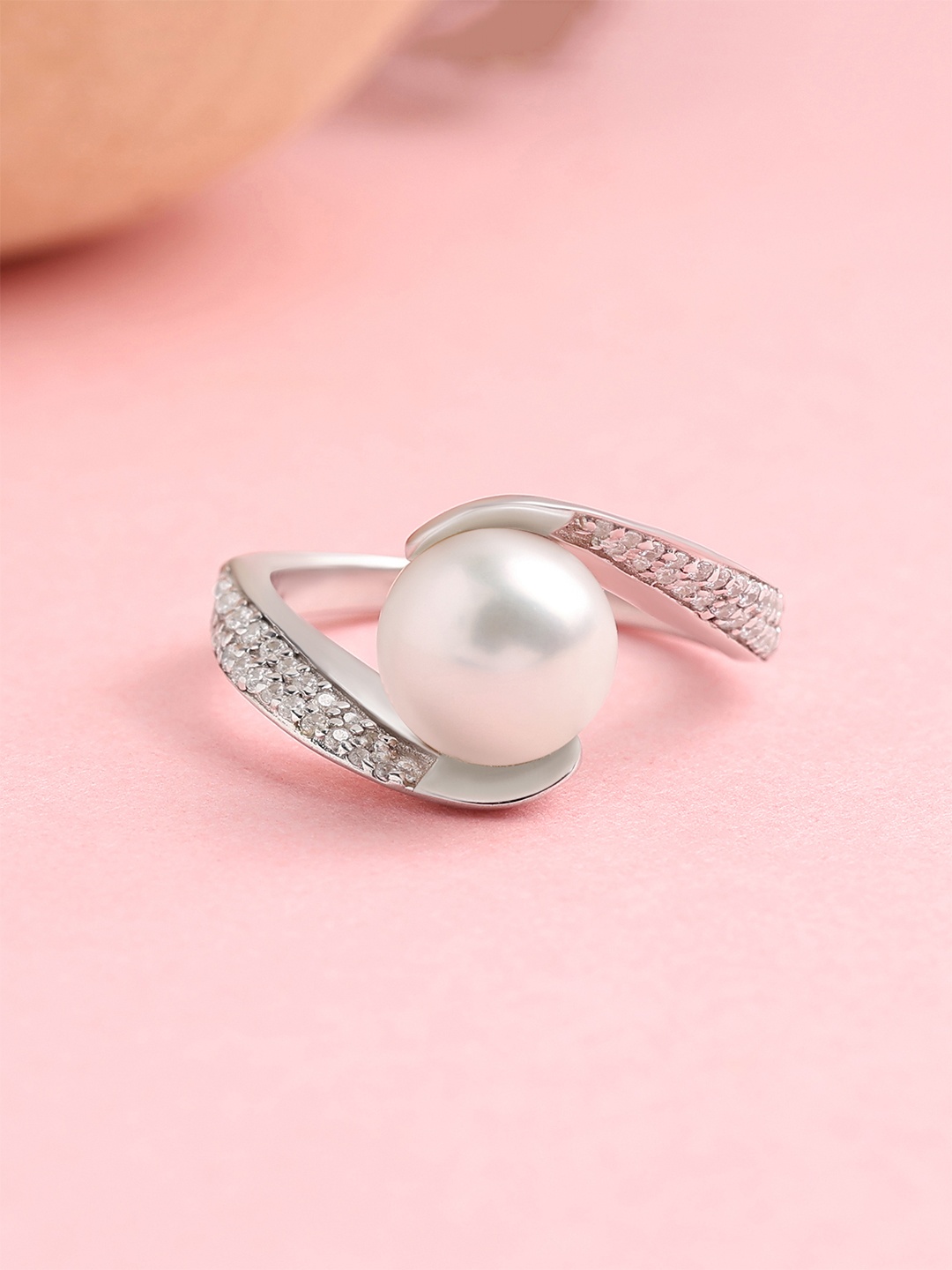 

Ornate Jewels Women 925 Sterling Silver AD Real Freshwater Grace Bypass Pearl Ring