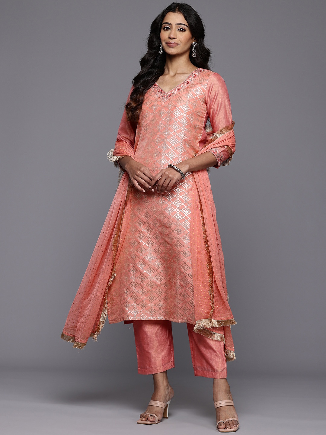 

Varanga Woven Design Zari Kurta With Trousers & Dupatta, Peach