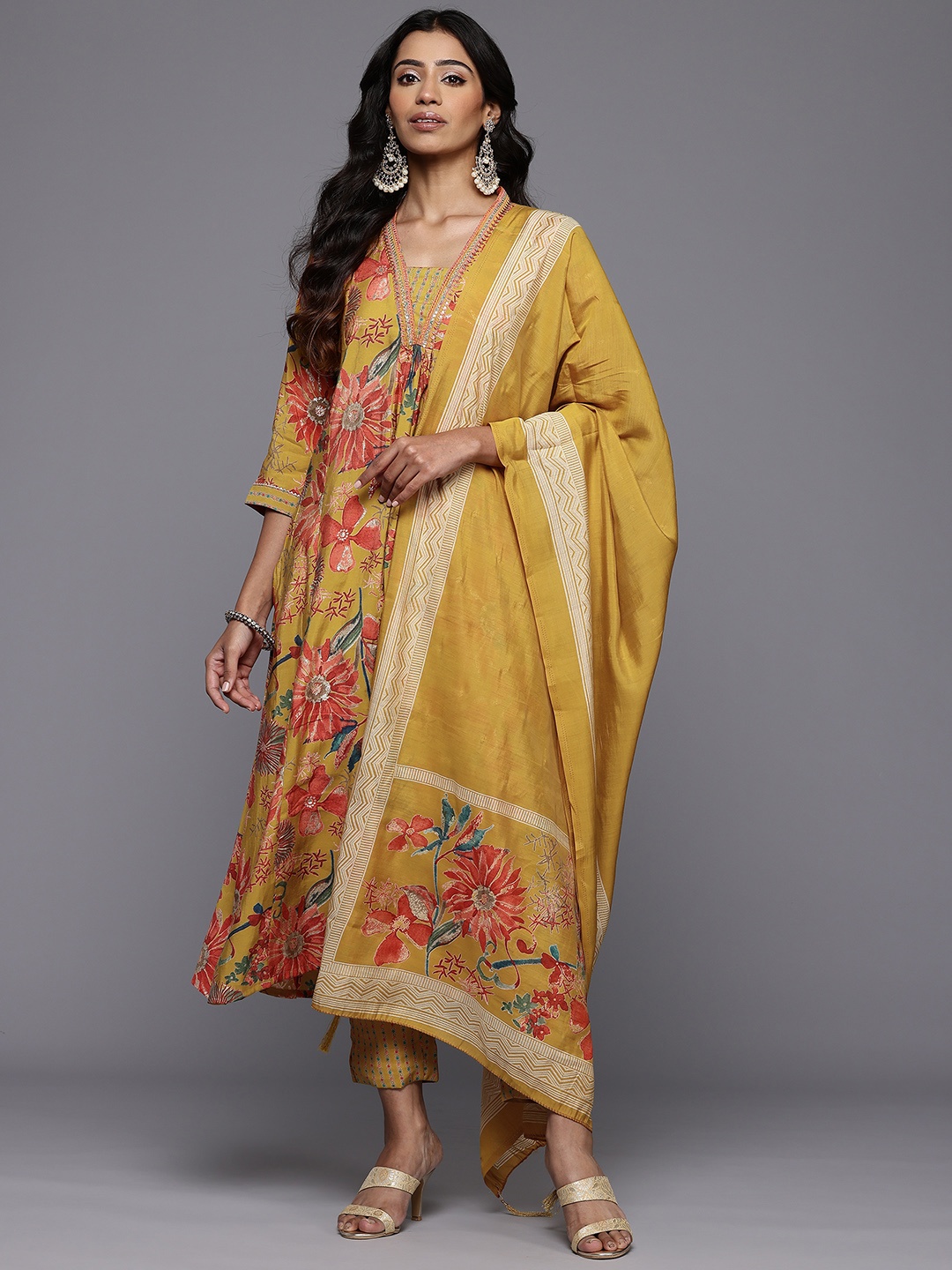 

Varanga Floral Printed Pleated Sequinned Kurta With Trousers & Dupatta, Mustard