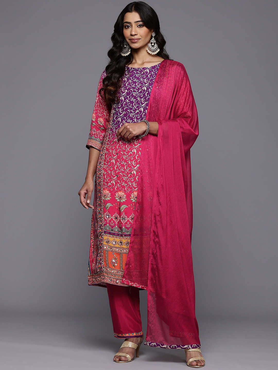 

Varanga Floral Embroidered Gotta Patti Pure Silk Kurta With Trousers & Dupatta, Purple