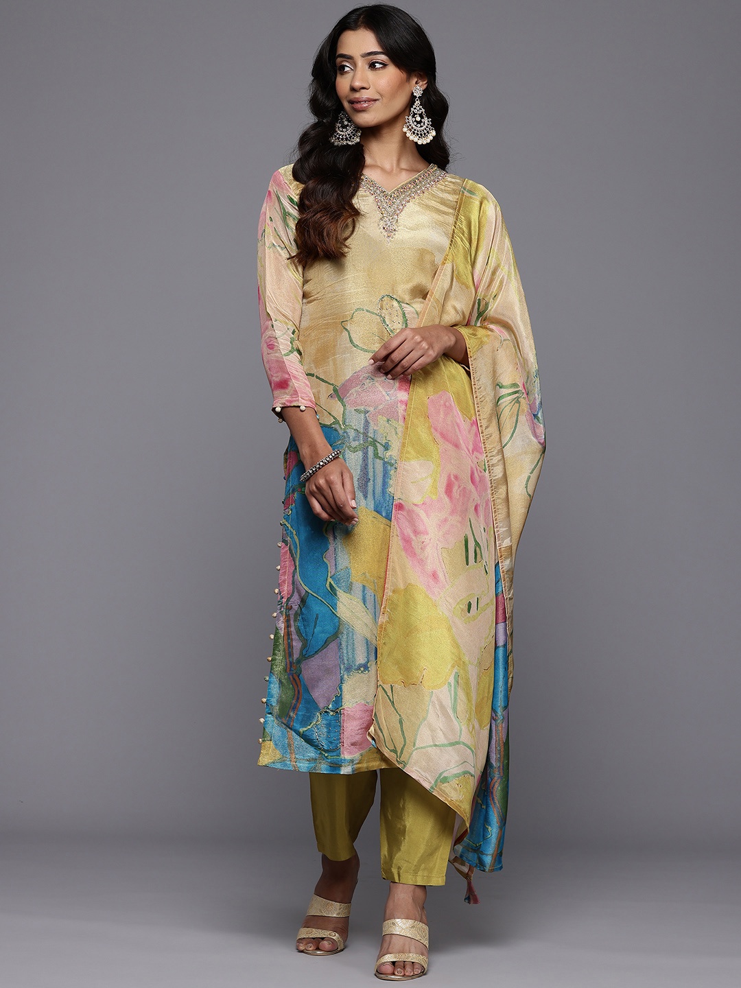 

Varanga Floral Embroidered Beads & Stones Pure Silk Kurta With Trousers & Dupatta, Mustard