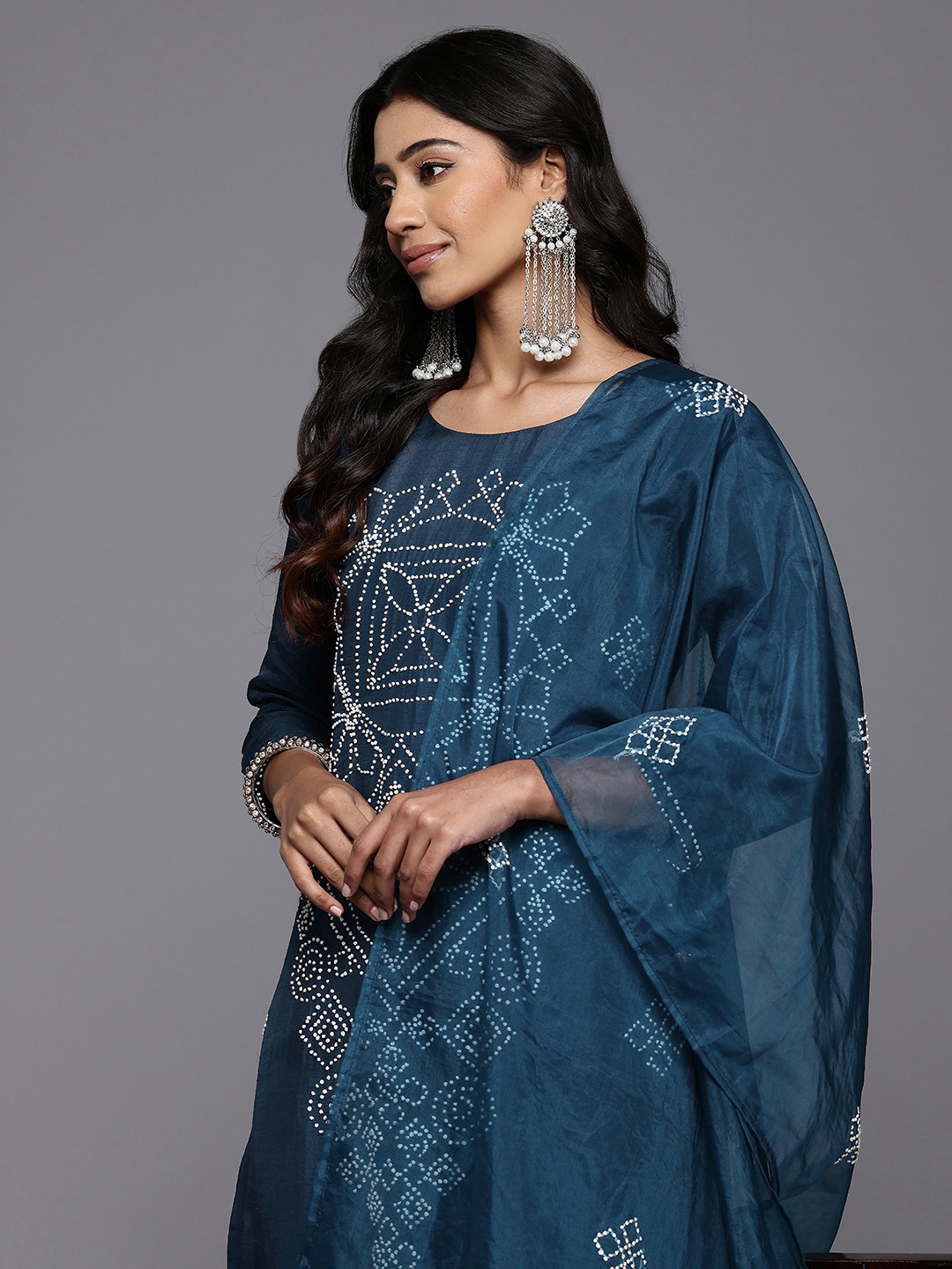 

Varanga Embroidered Thread Work Chanderi Silk Kurta With Trousers & Dupatta, Navy blue