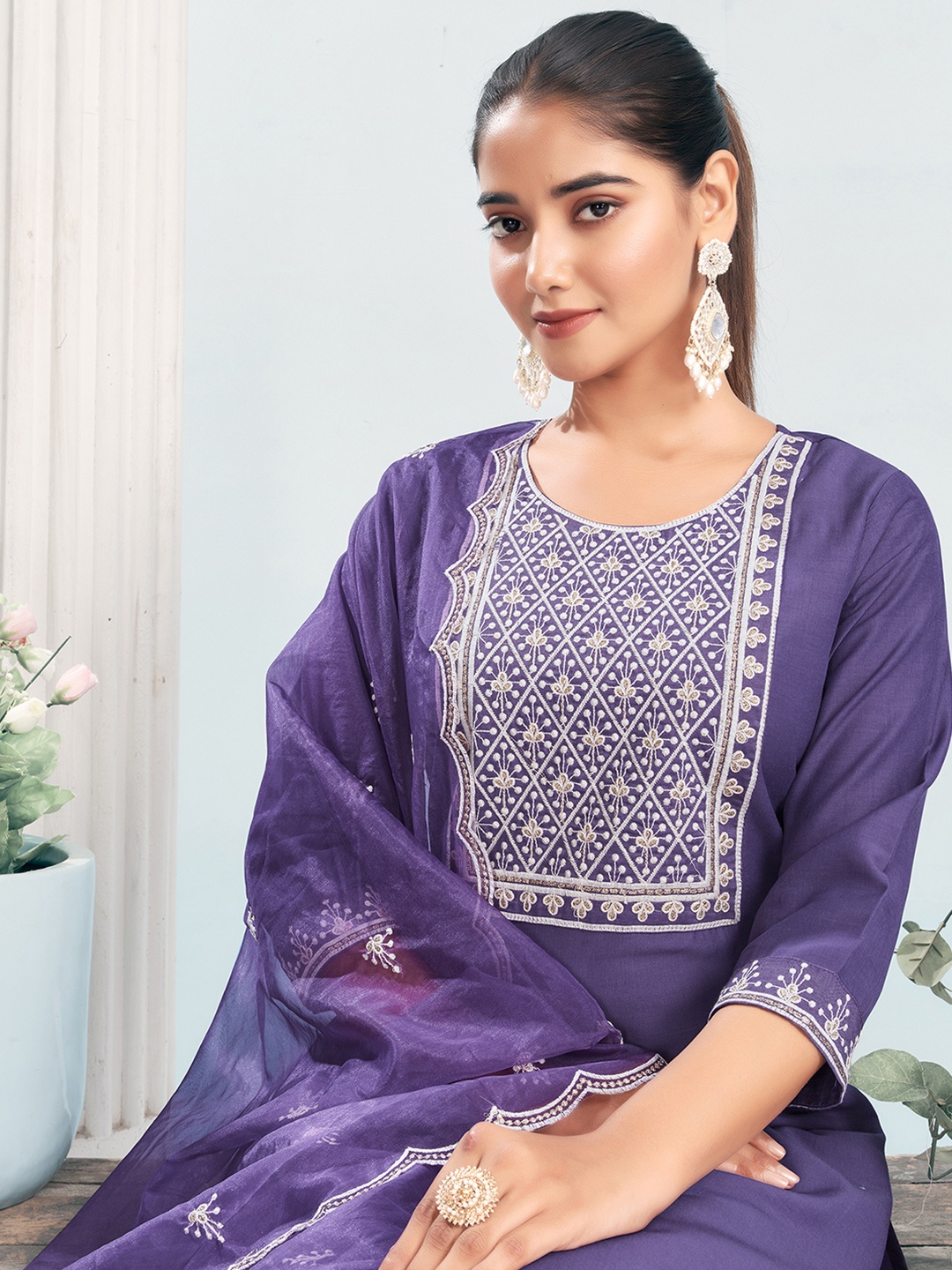 

KALINI Ethnic Motifs Embroidered Thread Work Straight Kurta with Trousers & Dupatta, Purple
