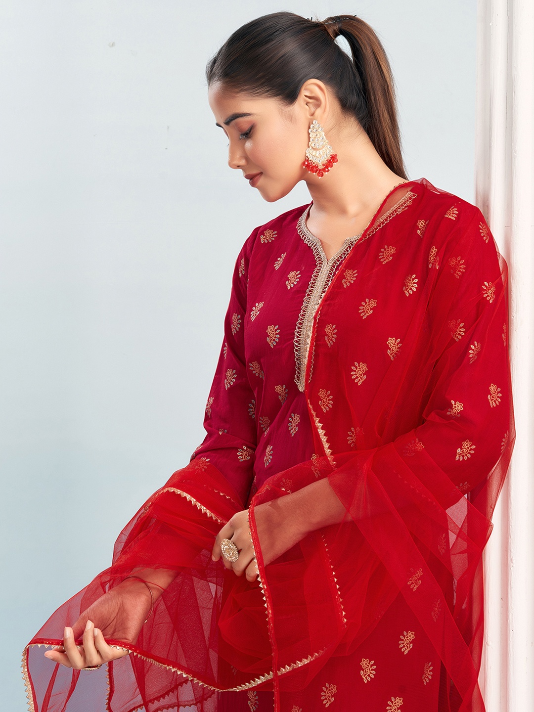 

KALINI Ethnic Motifs Printed Notch Neck Straight Kurta with Trousers & Dupatta, Red