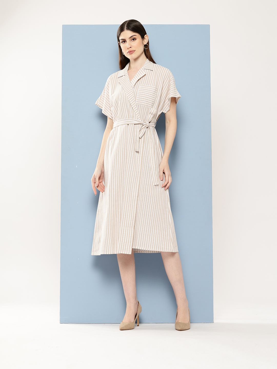 

Chemistry Striped Flared Sleeves Pure Cotton Wrap Dress With Belt, Beige