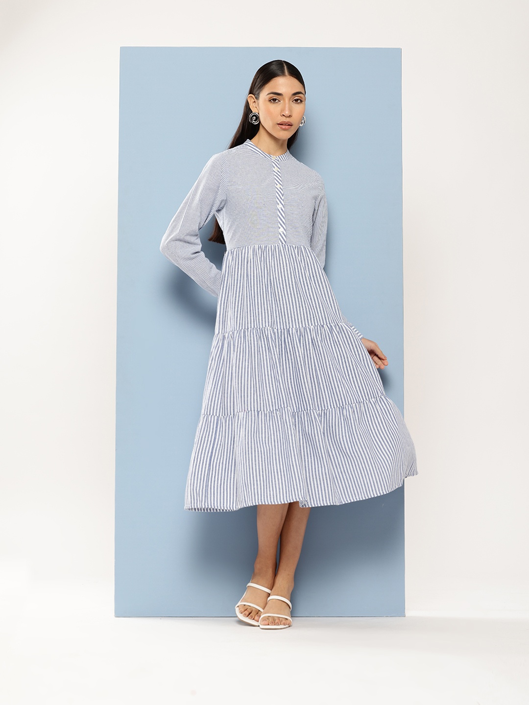 

Chemistry Striped Mandarin Collar Pure Cotton Tiered A-Line Dress, Blue