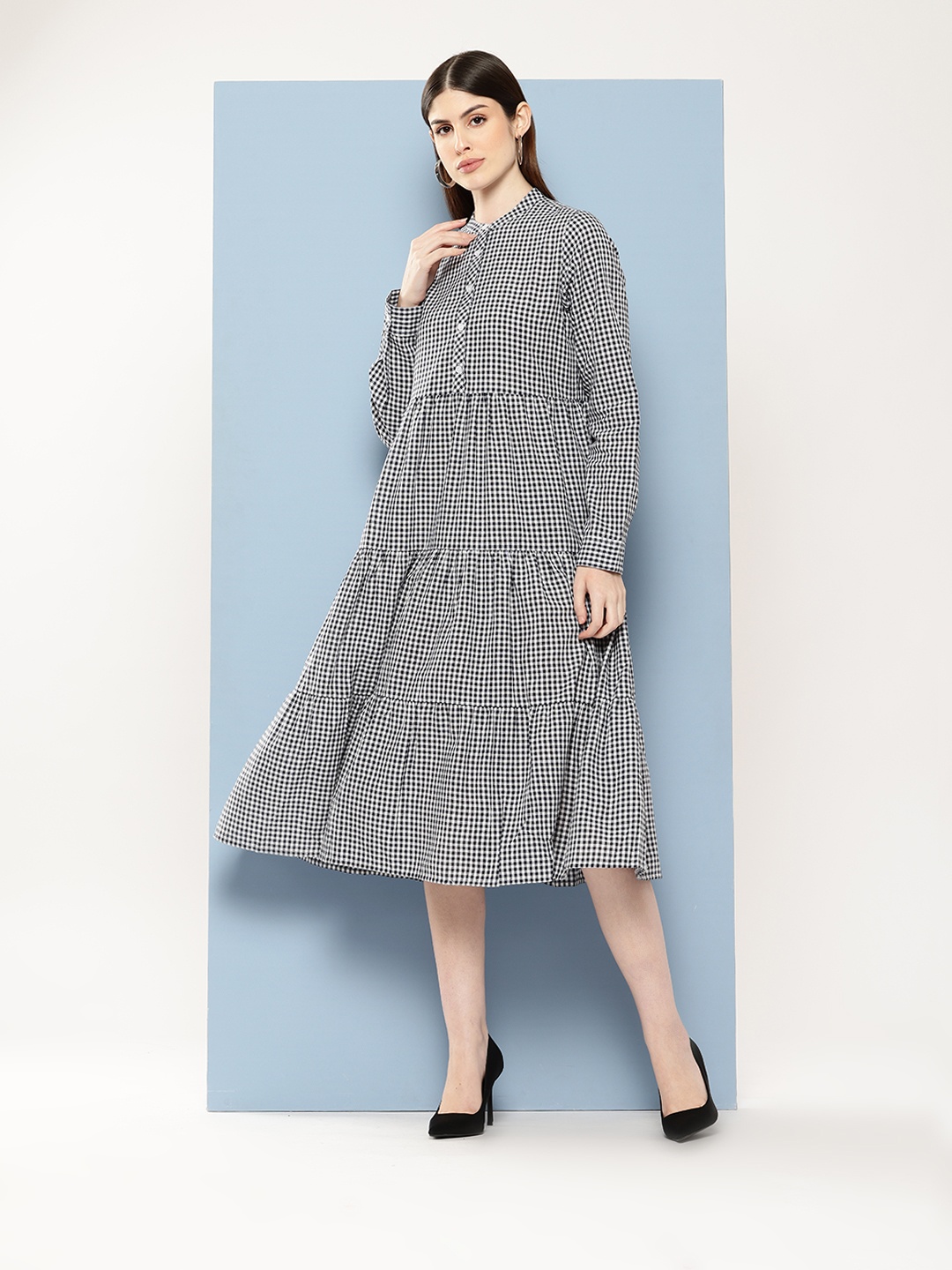 

Chemistry Checked Mandarin Collar Pure Cotton Tiered A-Line Dress, Black
