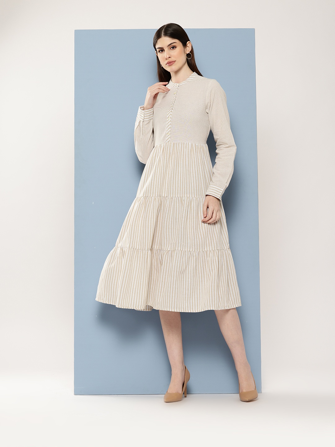 

Chemistry Striped Mandarin Collar Tiered Pure Cotton A-Line Dress, Beige