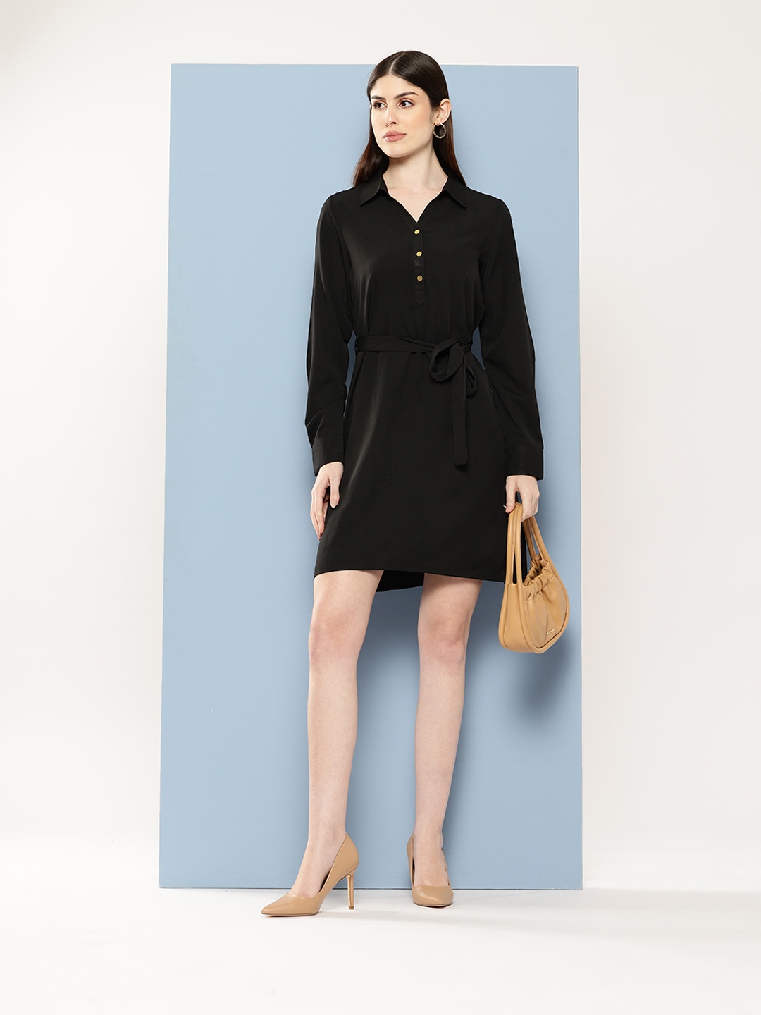 

Chemistry Crepe Shirt Dress With Belt, Black
