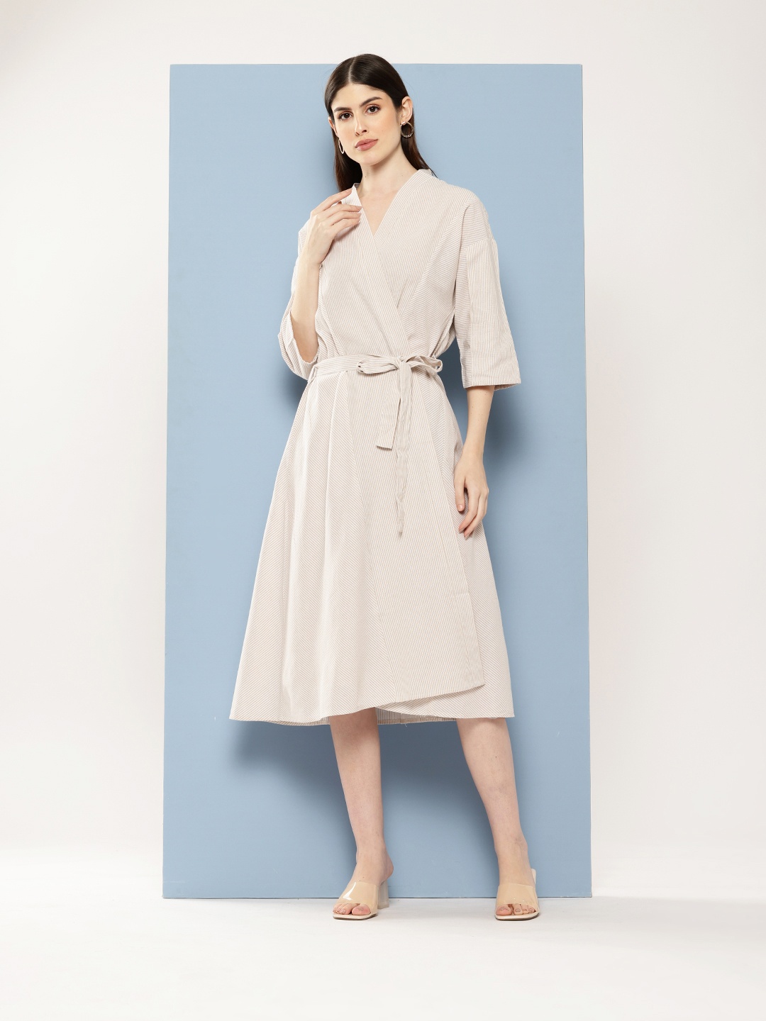 

Chemistry Striped Pure Cotton Midi Dress With Belt, Beige
