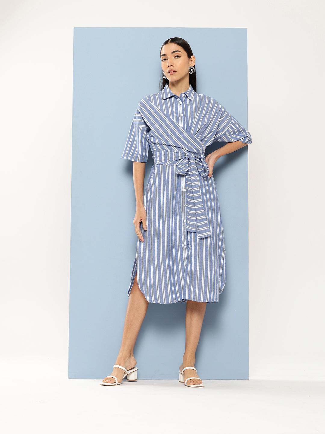 

Chemistry Striped Layered Pure Cotton Shirt Dress With Belt, Blue
