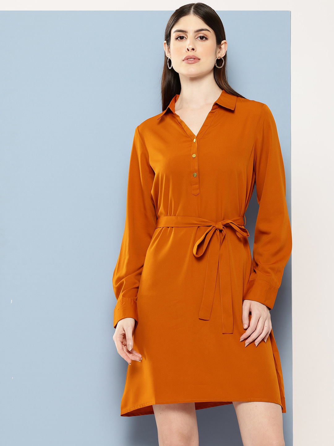 

Chemistry Crepe Shirt Dress With Belt, Rust