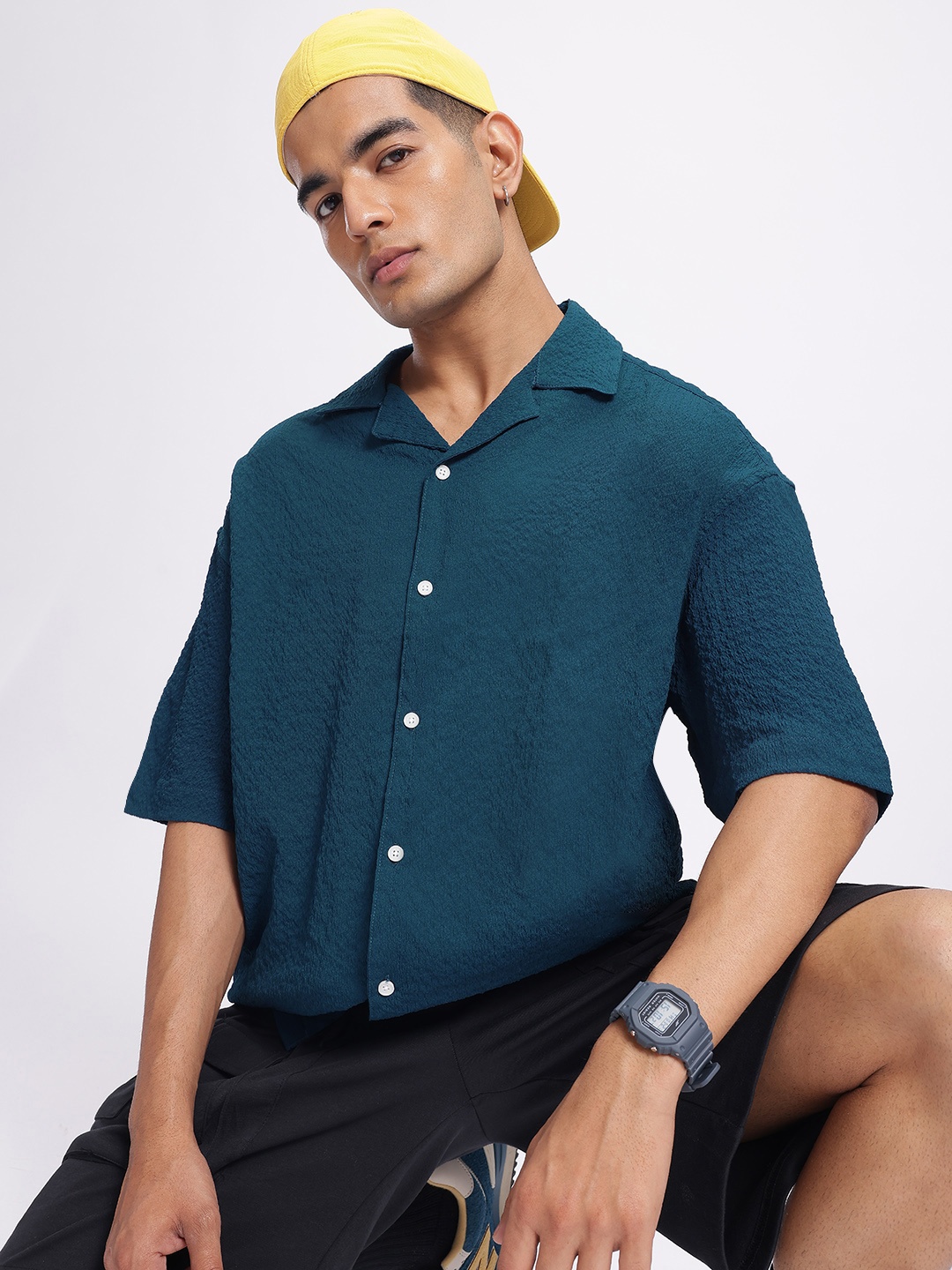 

WROGN Everyday Essentials Seersucker Oversized Bowling Shirt, Teal