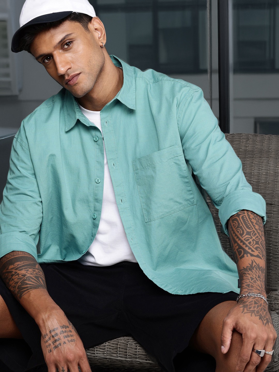 

The Roadster Life Co. Pure Cotton Drop-Shoulder Sleeves Relaxed Fit Casual Shirt, Green